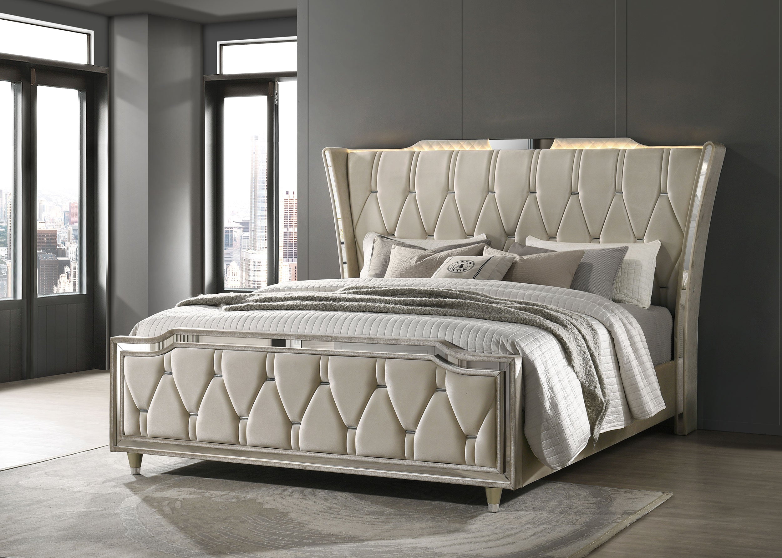 Lorient California King LED Upholstered Bed Ivory and Camel — view 2
