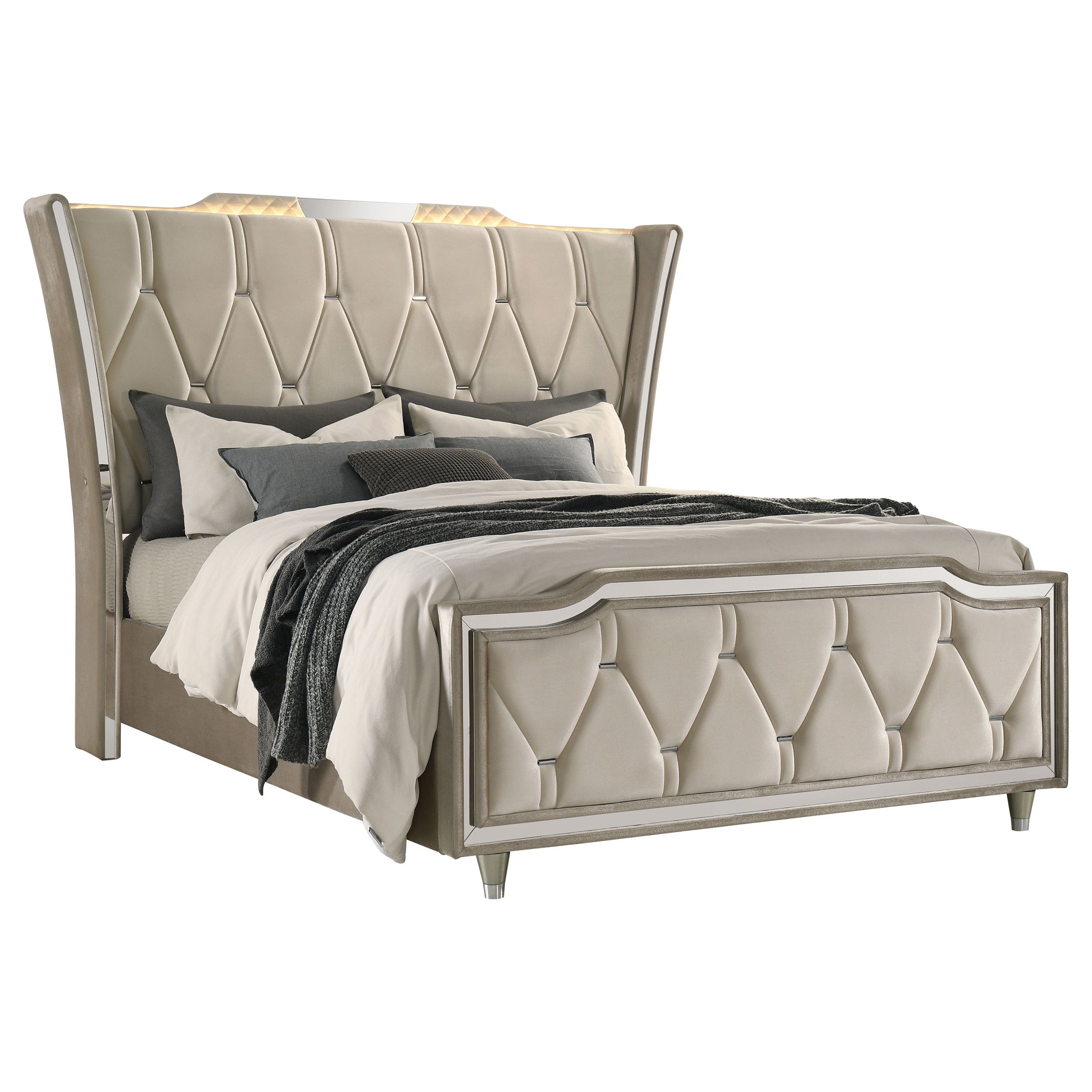 Lorient Queen LED Upholstered Wingback Bed Ivory and Camel — view 3