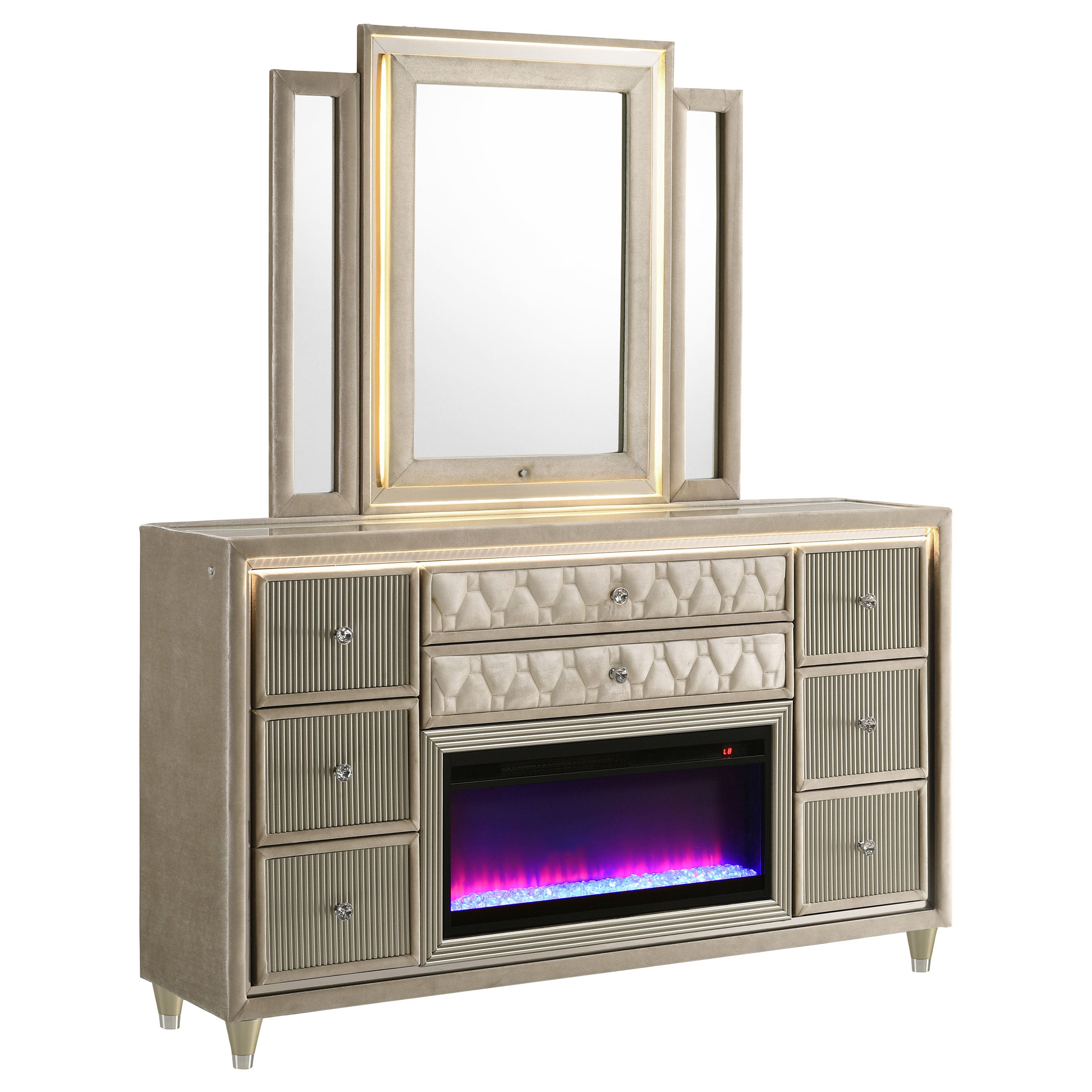 Lorient 8-drawer LED Flame Box Dresser and Mirror Ivory Camel — view 1