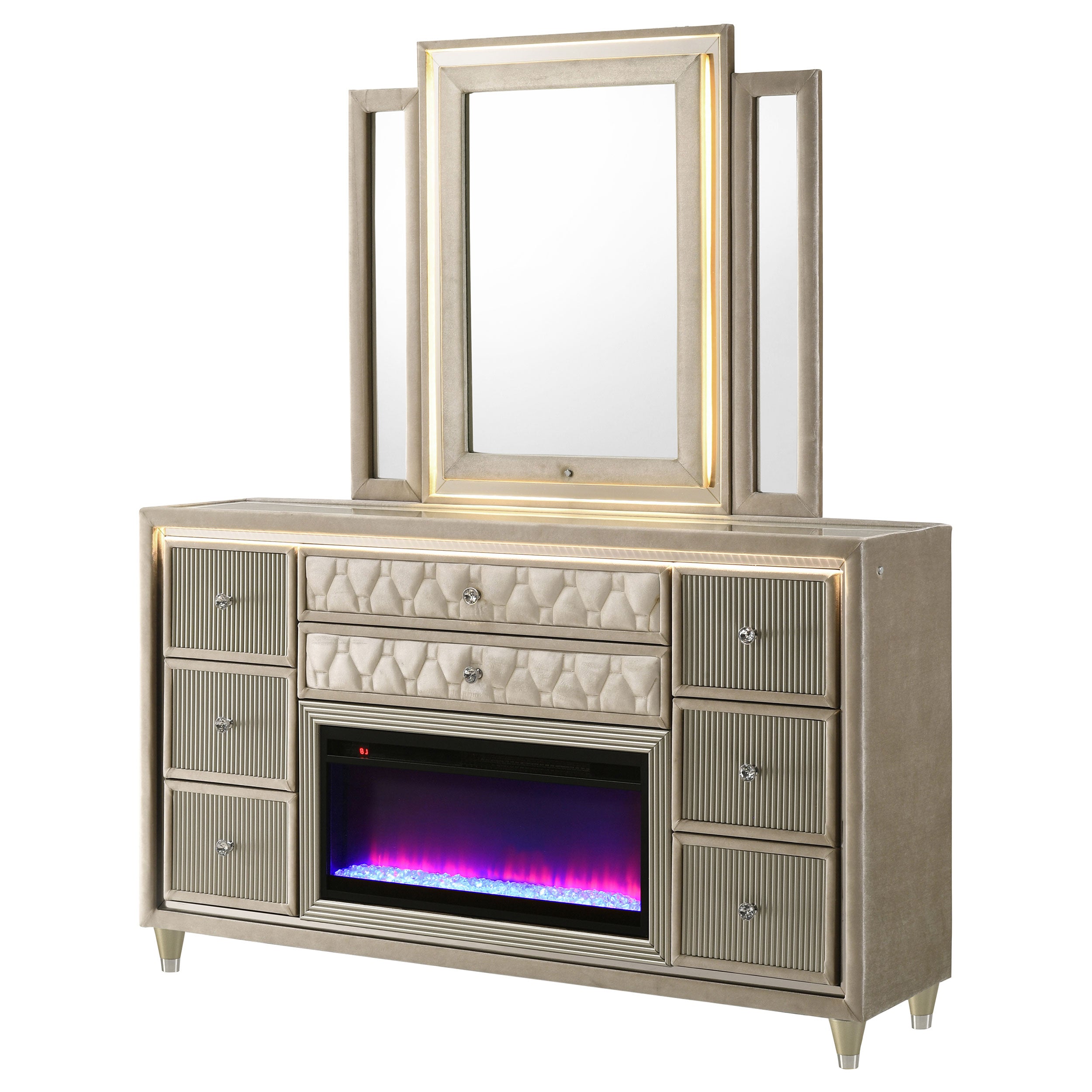 Lorient 8-drawer LED Flame Box Dresser and Mirror Ivory Camel — view 4