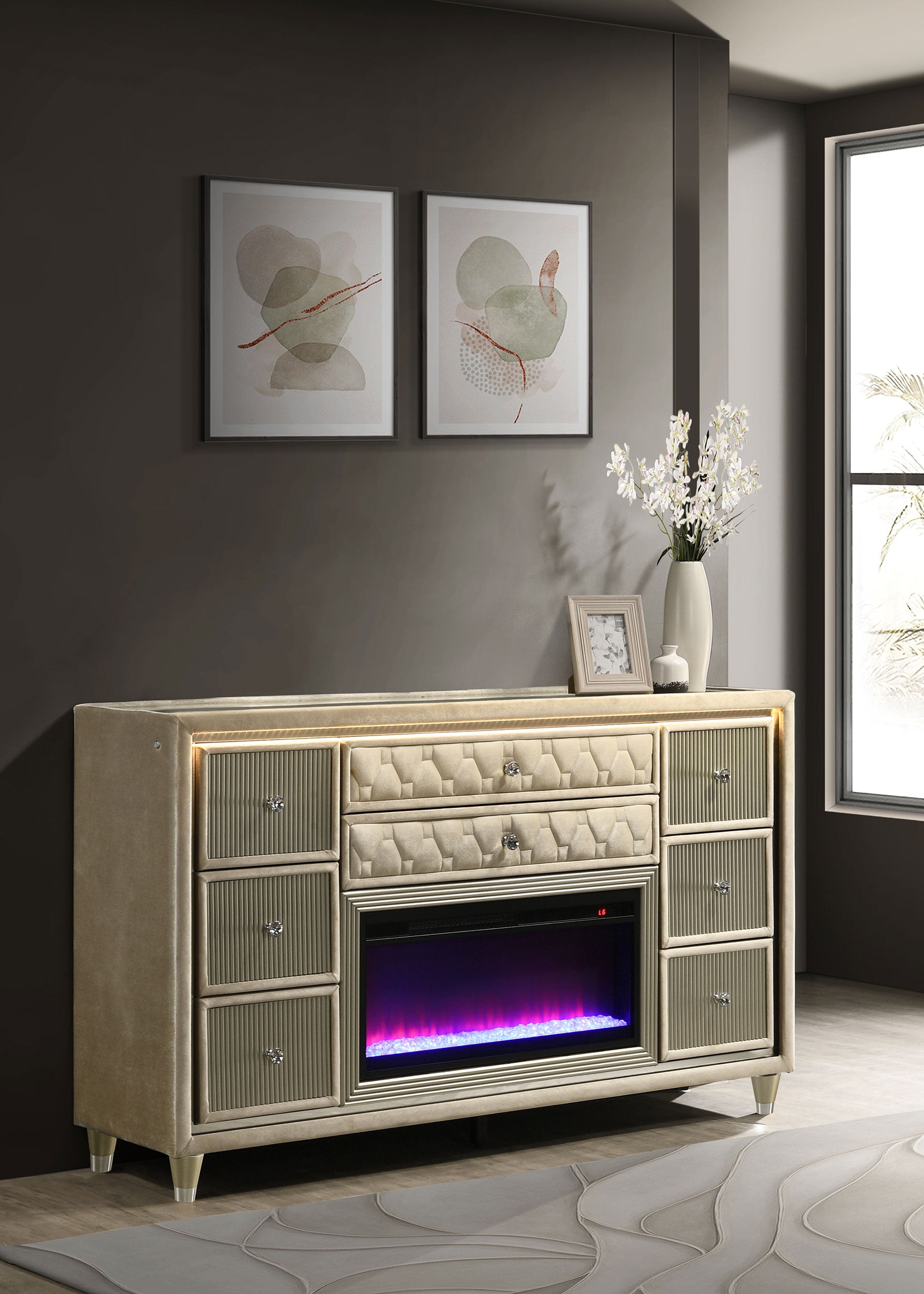 Lorient 8-drawer LED Bedroom Flame Box Dresser Ivory Camel — view 2