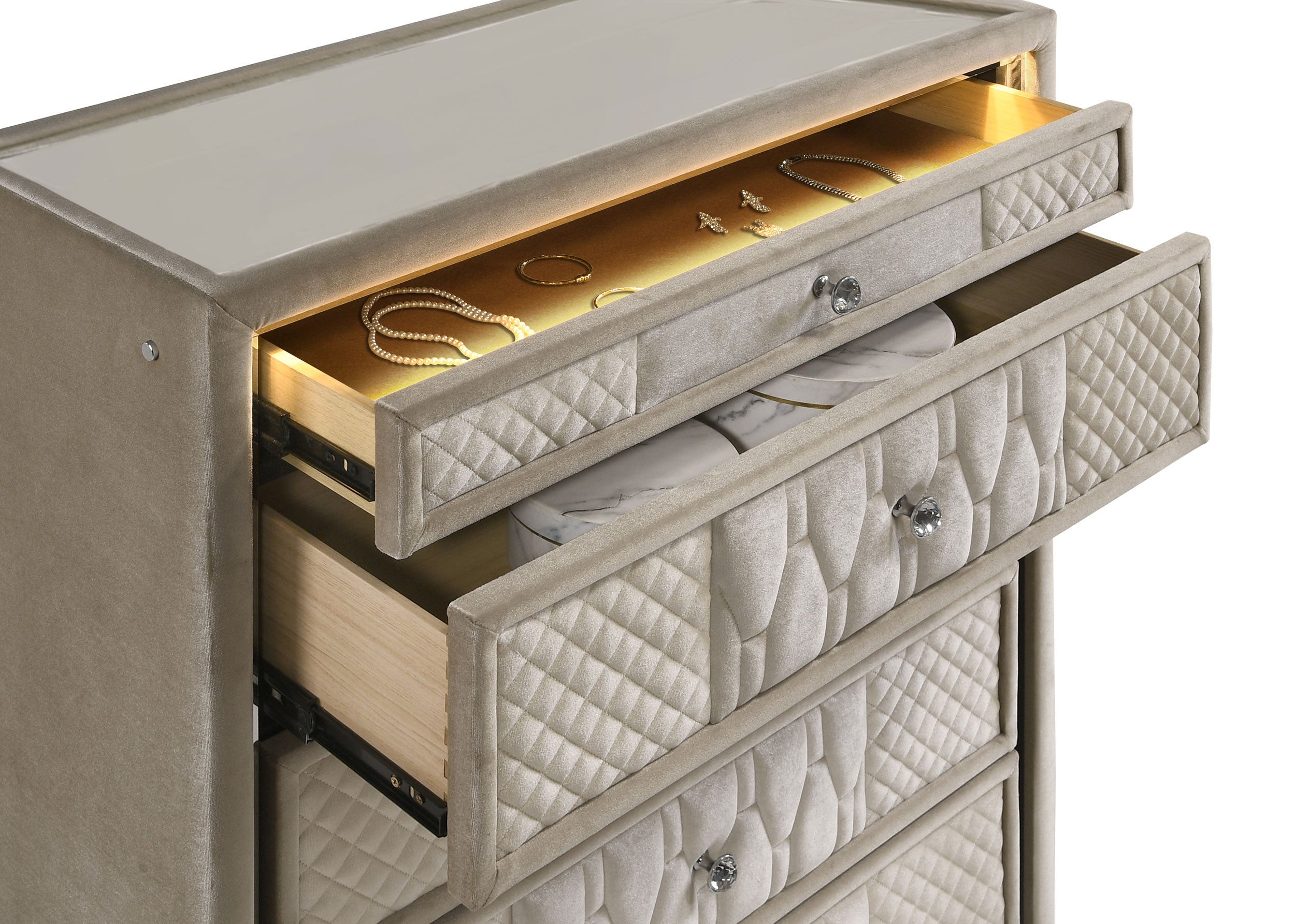 Lorient 5-drawer LED Chest of Drawers Ivory and Camel — view 11