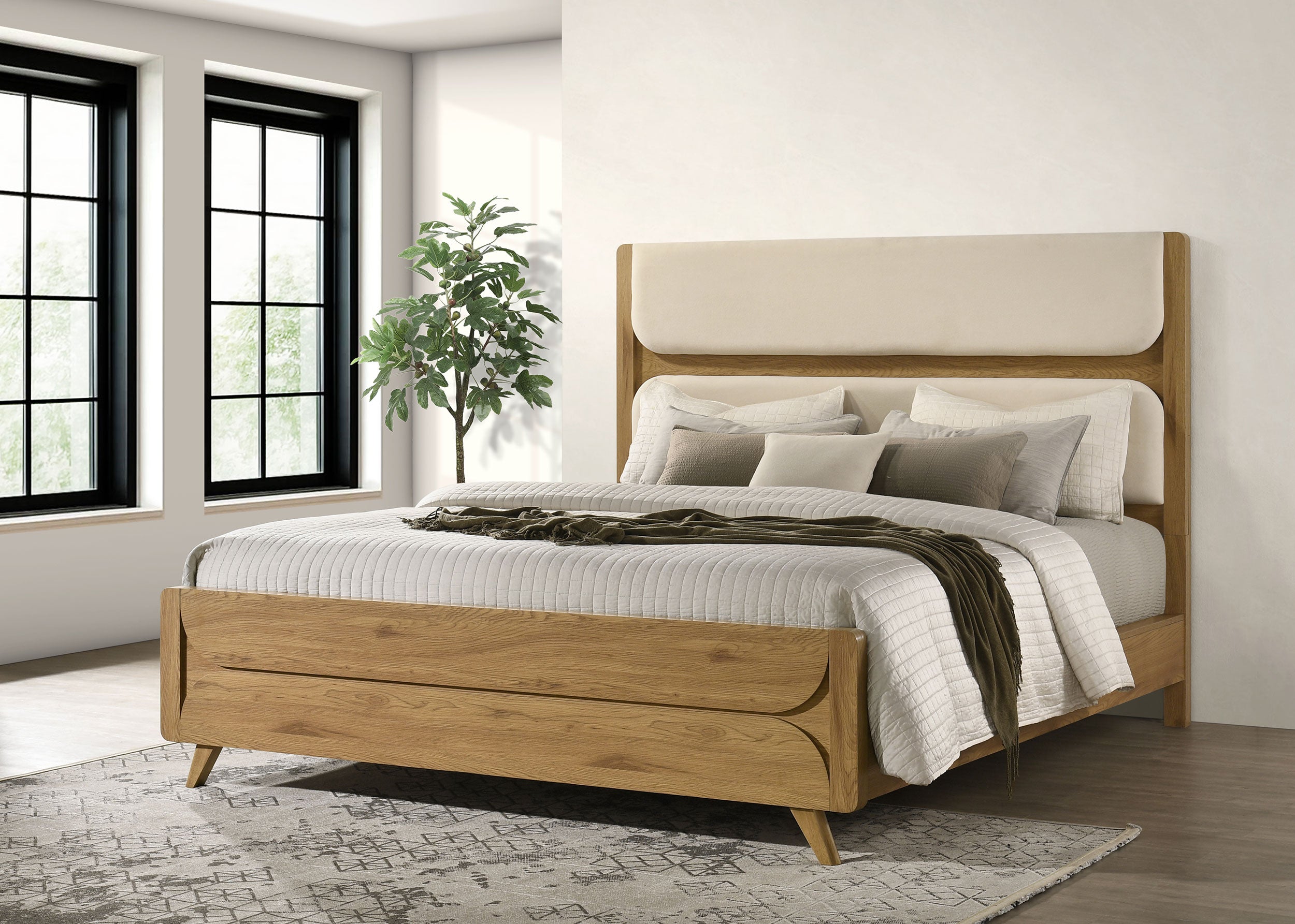 Bennett 78-inch California King Upholstered Panel Bed Cream and Light Oak — view 2