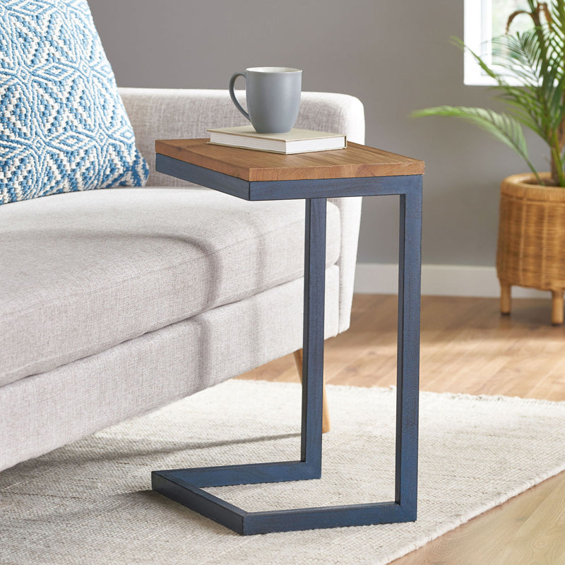 C Shaped End Table With Iron Base And Fir Wood To