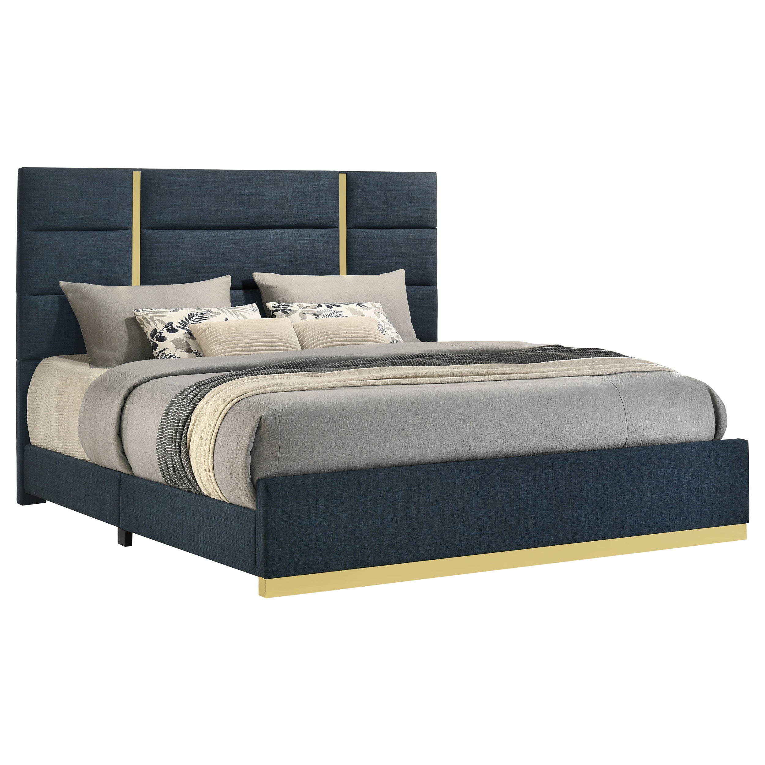 Ines 56-inch Fabric Upholstered Eastern King Panel Bed Navy — view 3