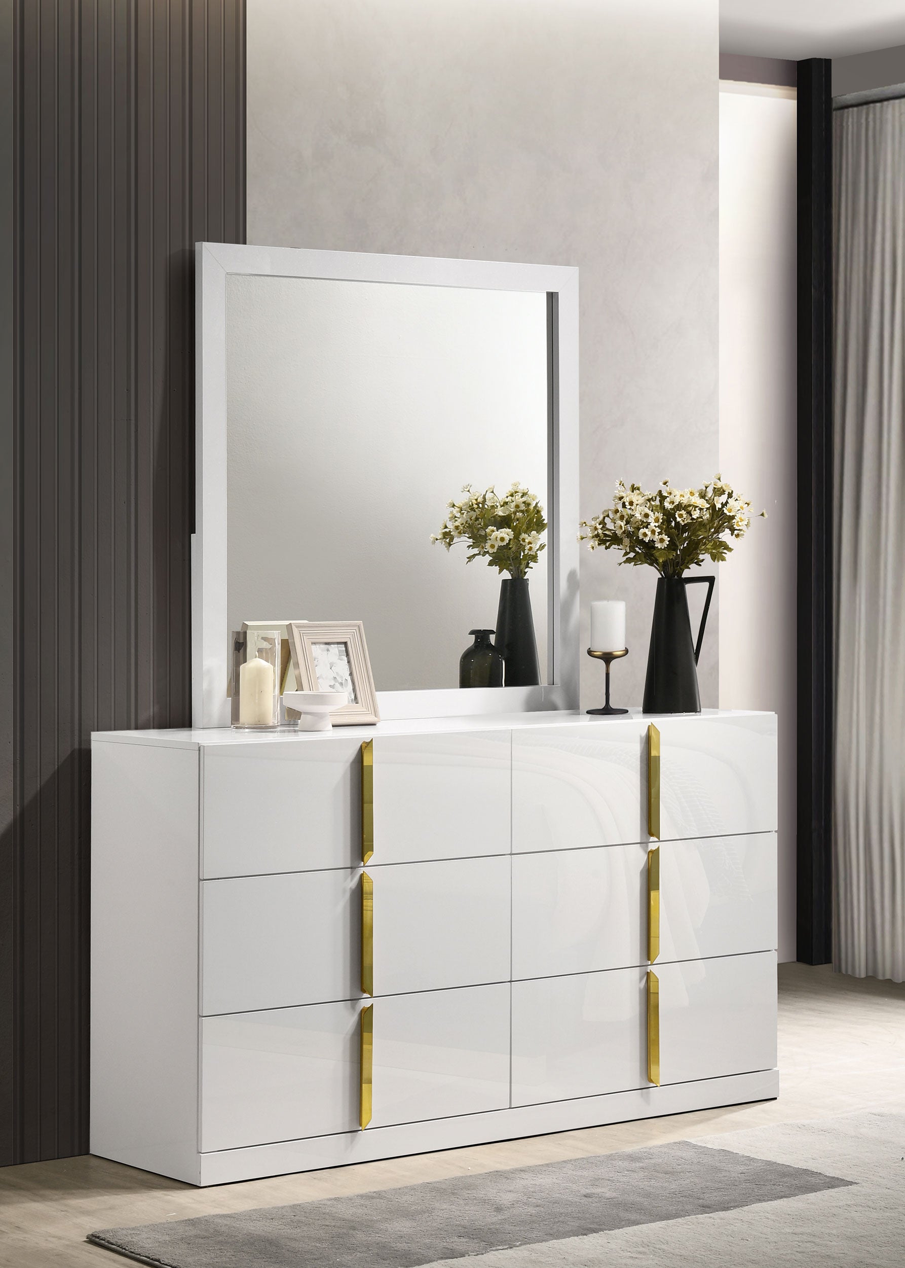 Ines 6-drawer Bedroom Dresser with Mirror White High Gloss — view 2
