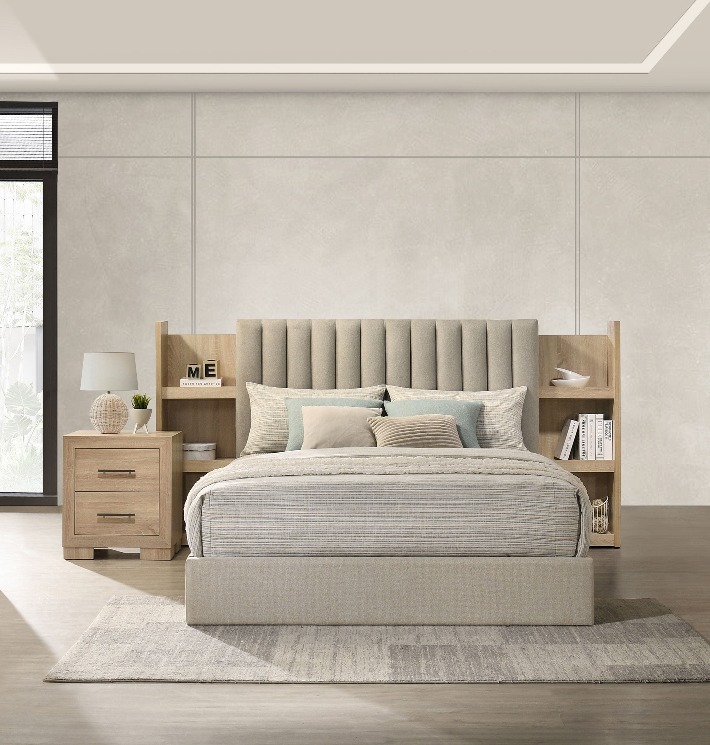 Arielle Eastern King Bookcase Panel Storage Bed Light Oak — view 15