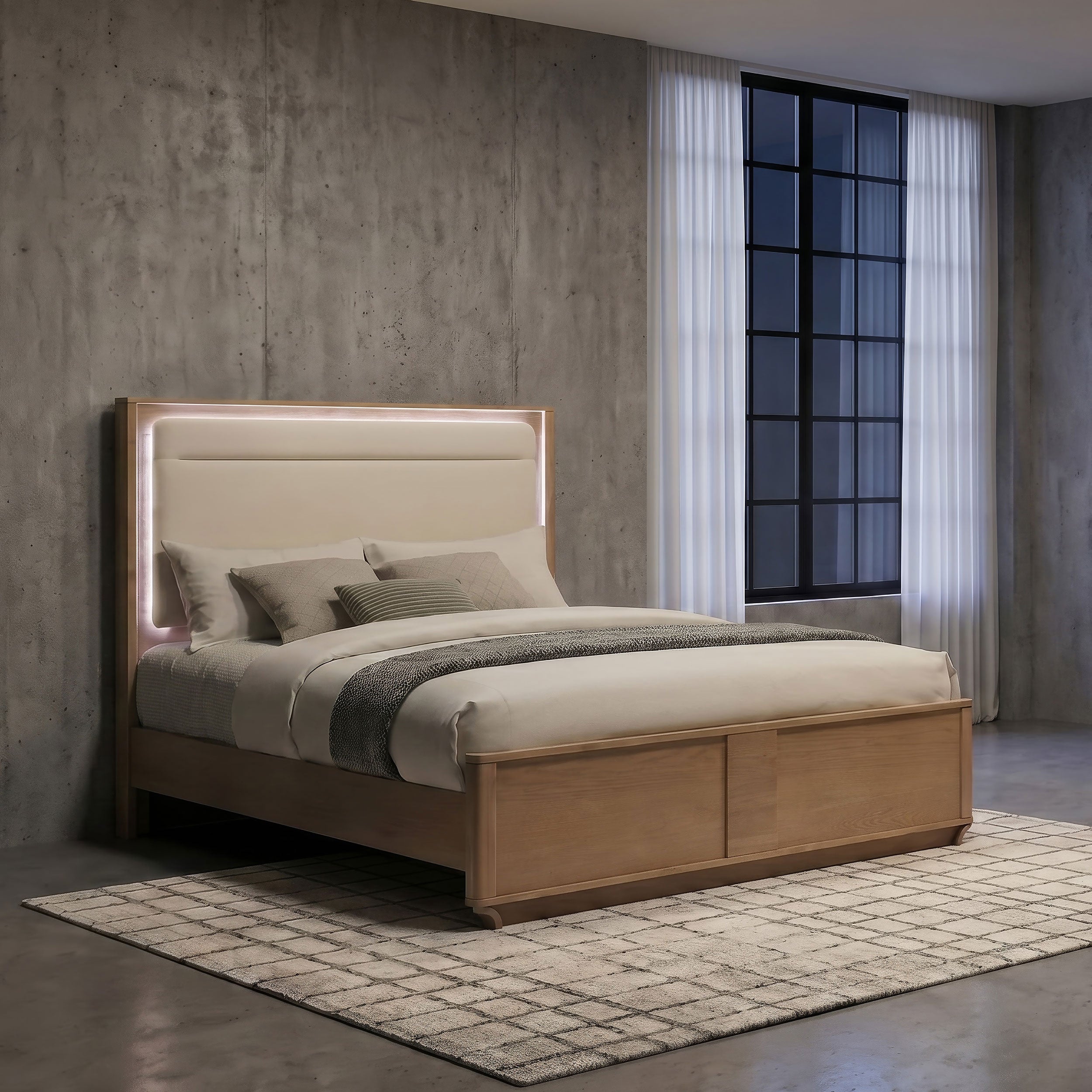 Leanne Eastern King LED Panel Bed Off White and Light Oak — view 2