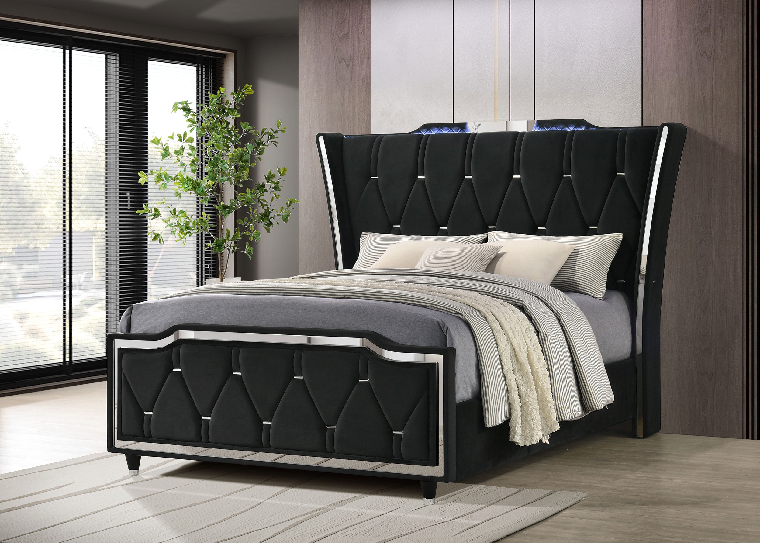 Lorient Queen LED Upholstered Wingback Bed Black — view 2