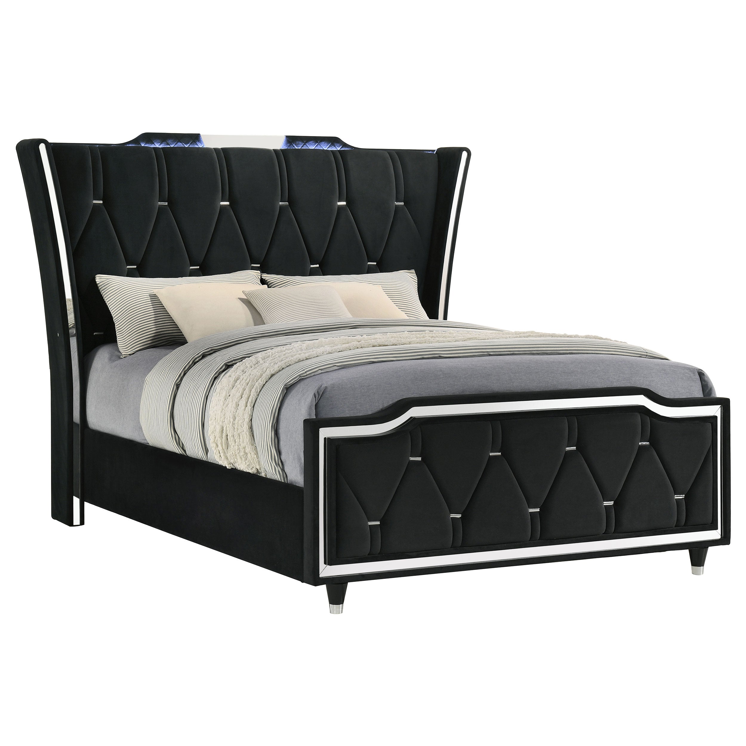 Lorient Queen LED Upholstered Wingback Bed Black — view 3