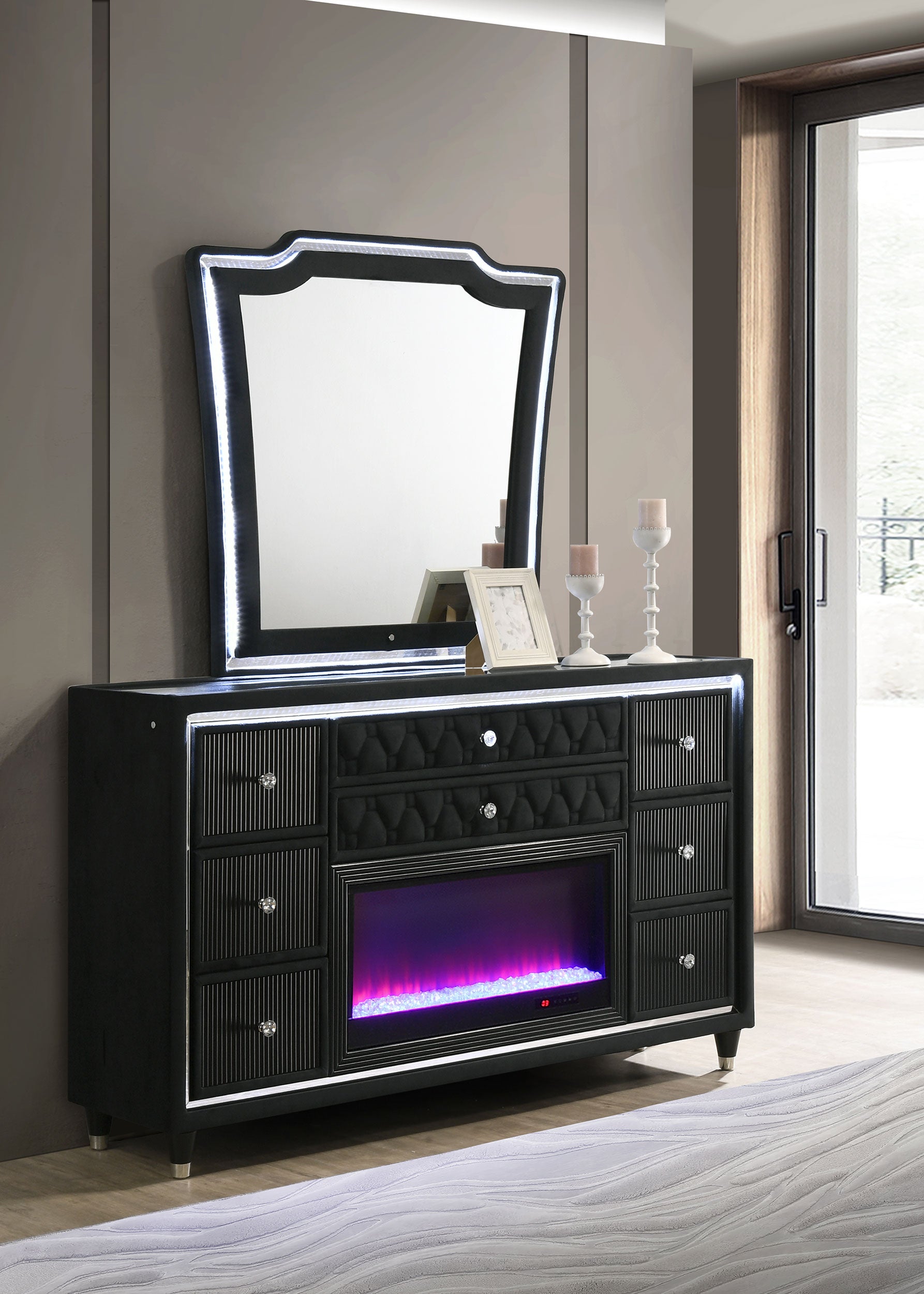 Lorient 8-drawer LED Flame Box Dresser and Mirror Black — view 2