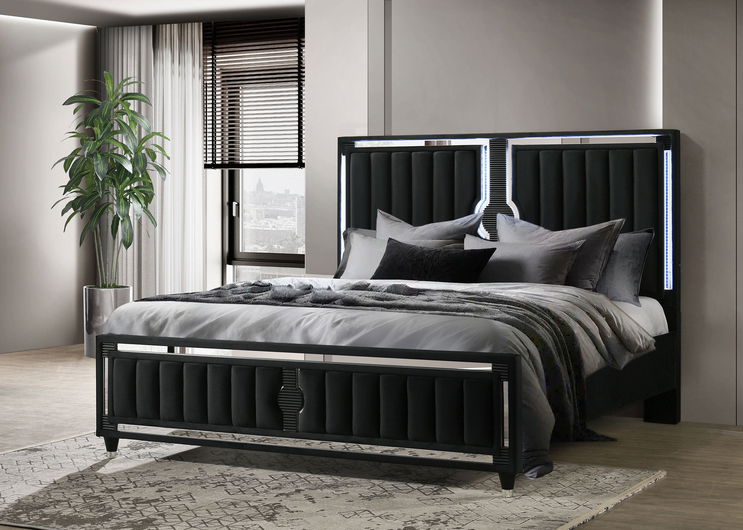 Ravenne Velvet Upholstered Eastern King LED Panel Bed Black — view 2