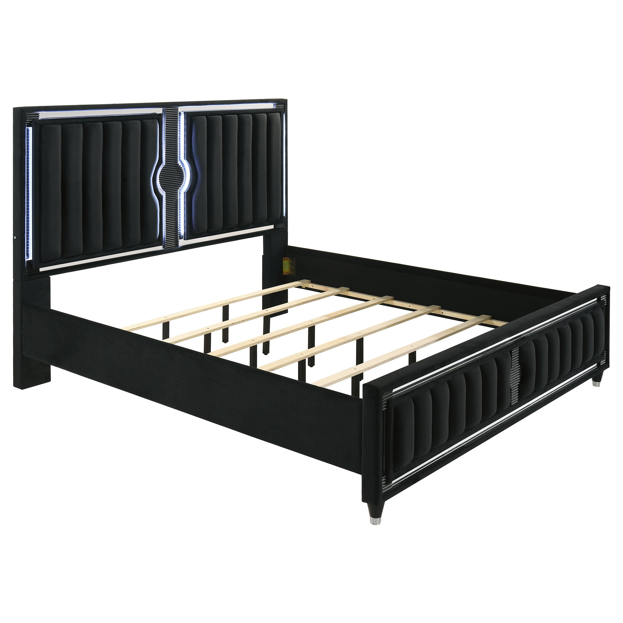 Ravenne Velvet Upholstered Eastern King LED Panel Bed Black — view 1
