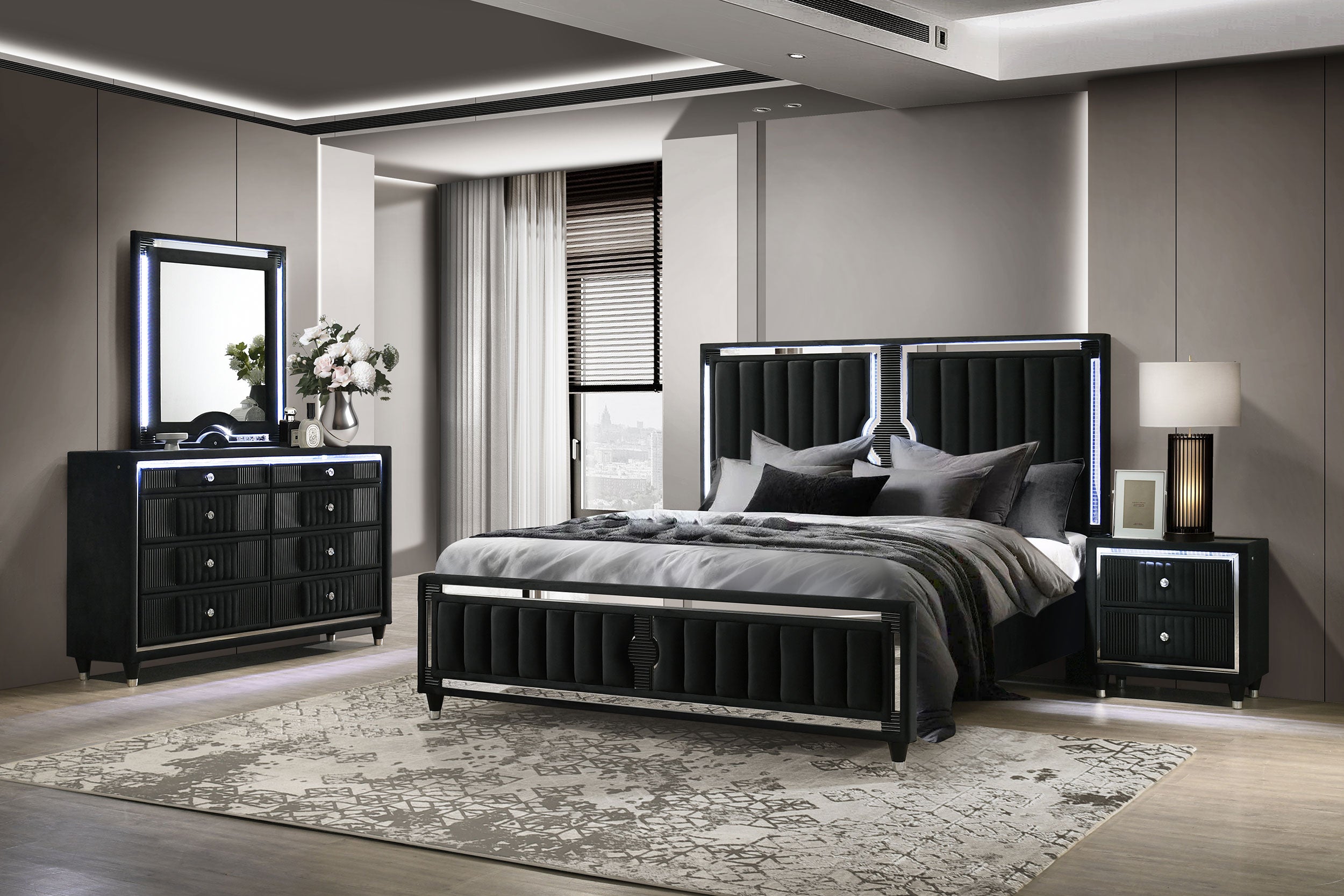 Ravenne 4-piece Velvet Upholstered Queen LED Bedroom Set Black — view 1