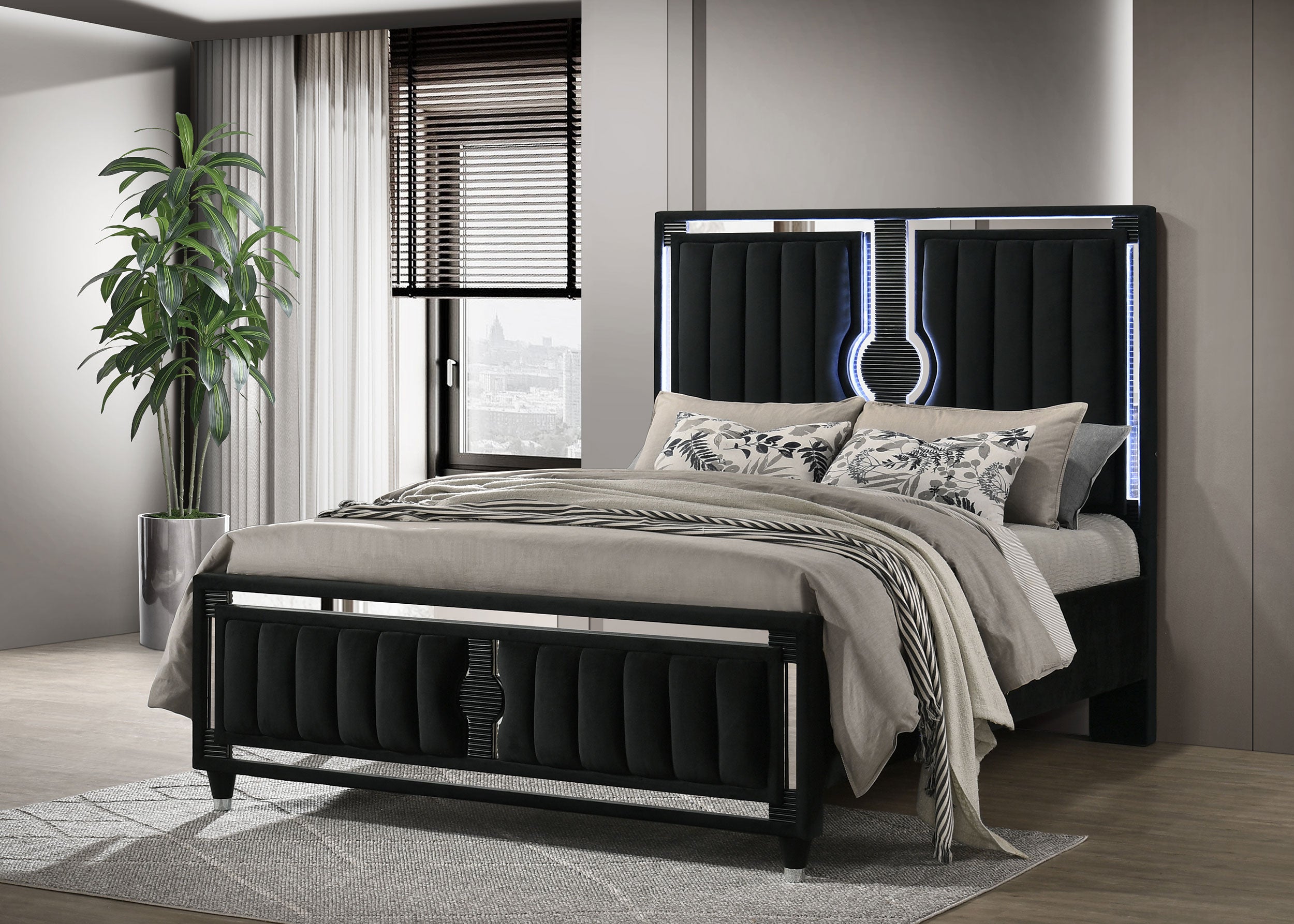 Ravenne Velvet Upholstered Queen LED Panel Bed Black — view 2