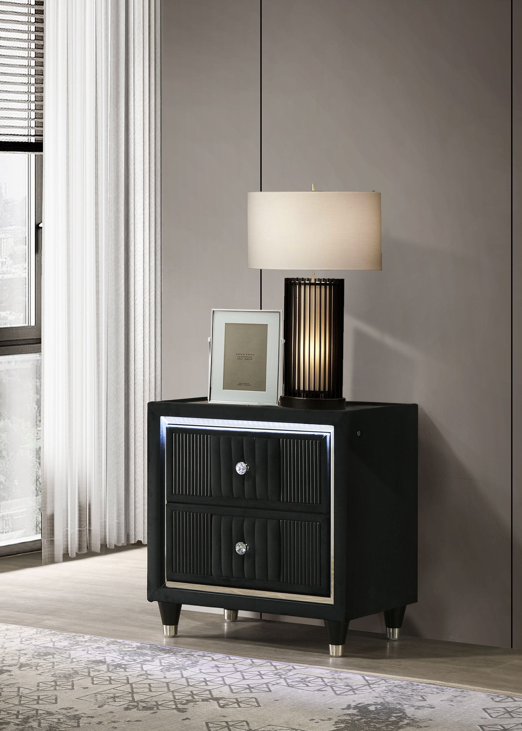Ravenne 2-drawer Velvet Upholstered LED Nightstand with USB Black — view 2