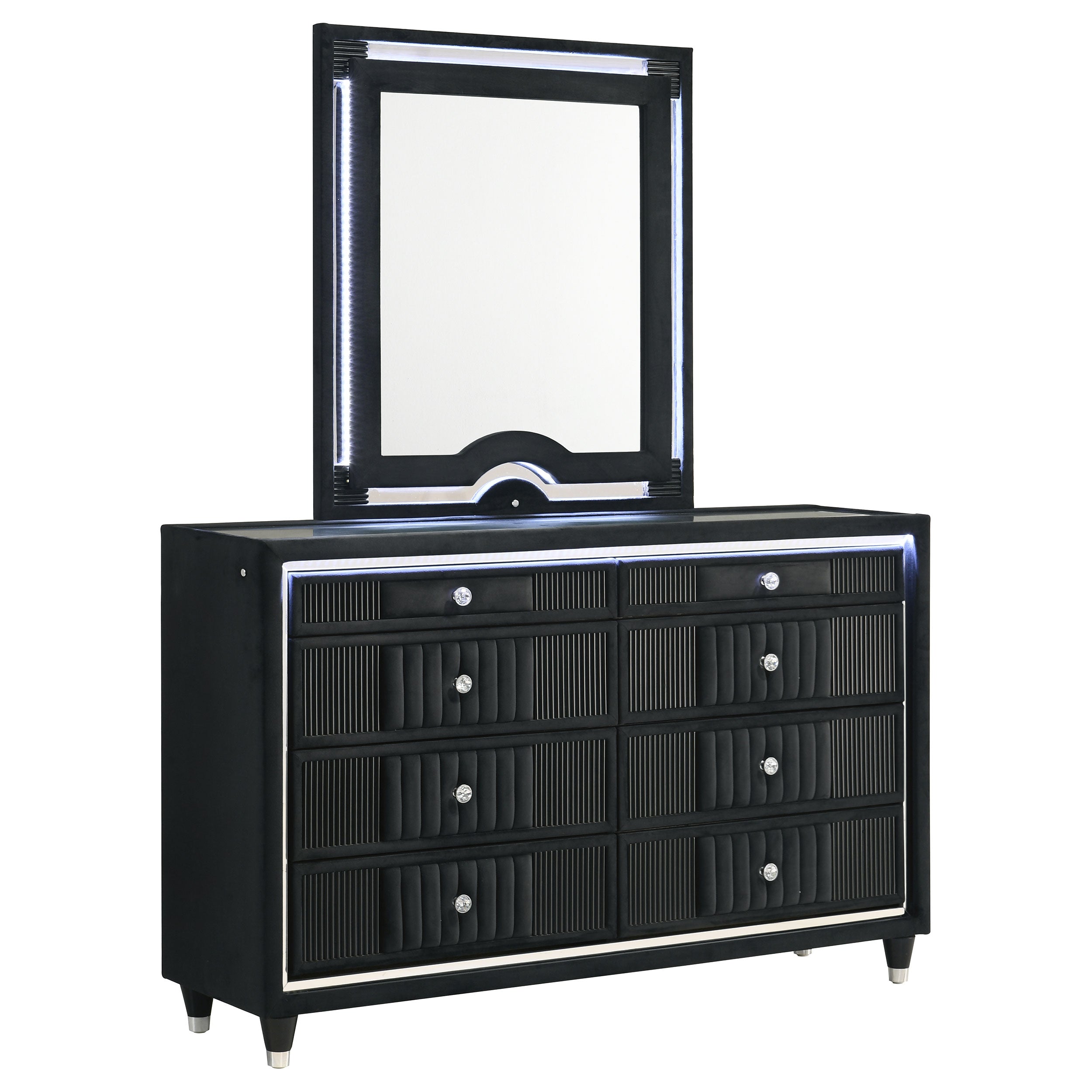 Ravenne 8-drawer Velvet Upholstered LED Dresser and Mirror Black — view 1