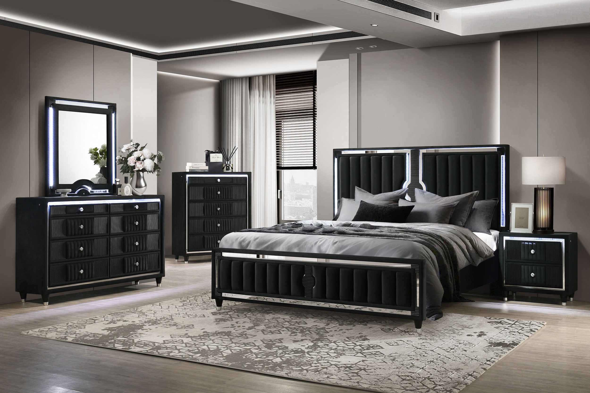 Ravenne 8-drawer Velvet Upholstered LED Dresser Cabinet Black — view 15