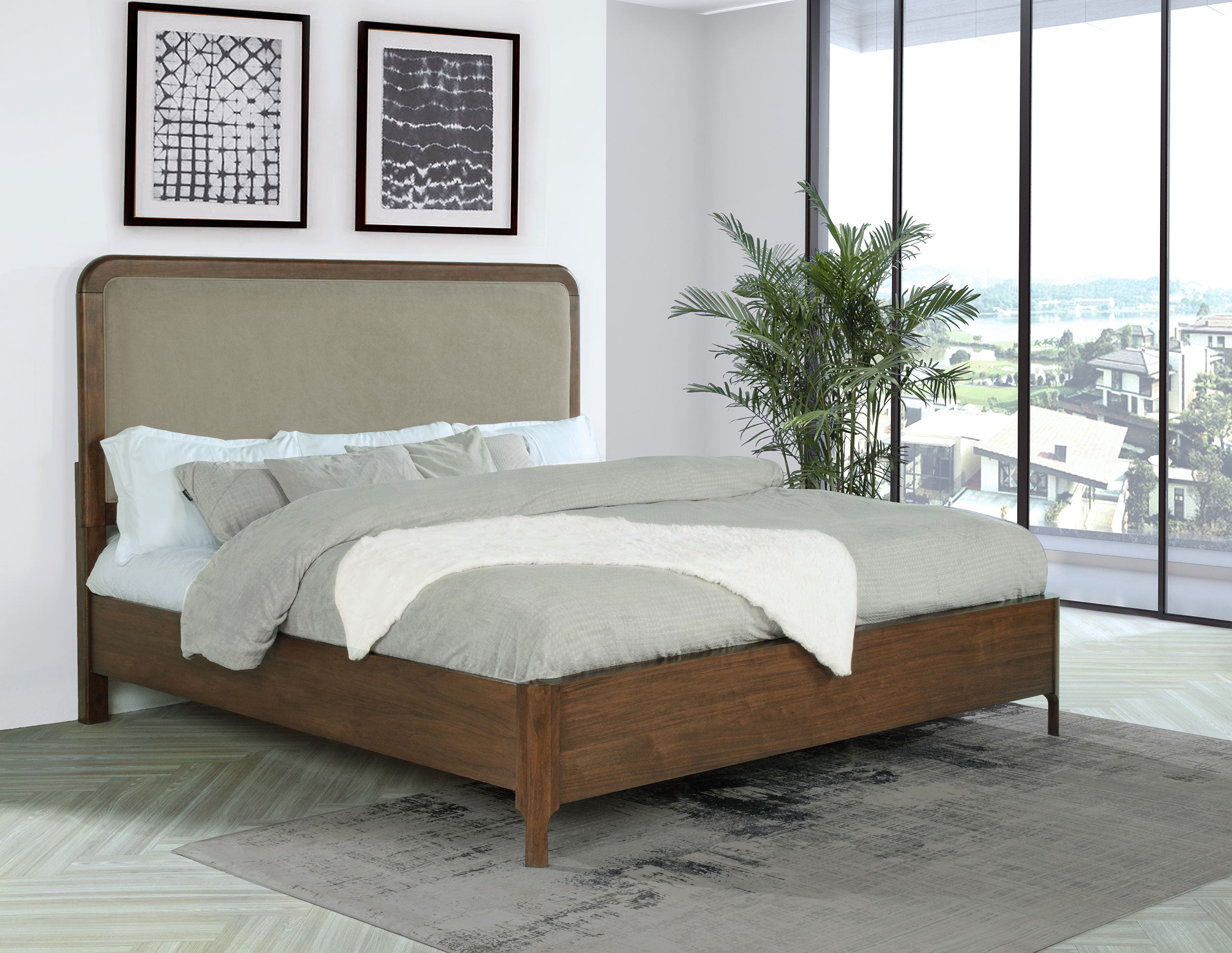 Maderia 57-inch Upholstered Eastern King Panel Bed Walnut — view 2