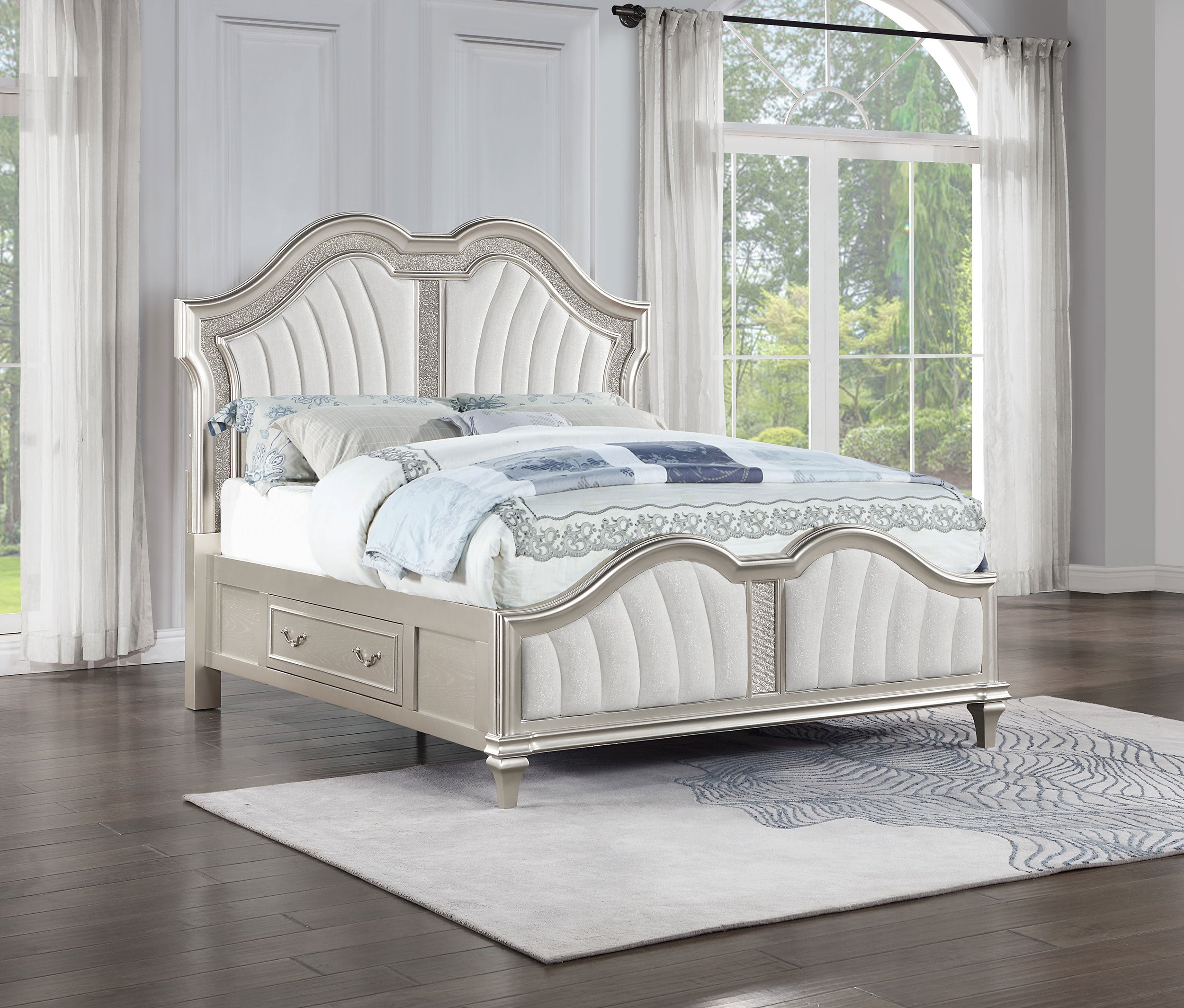 Evangeline Wood Queen LED Storage Panel Bed Silver Oak — view 2