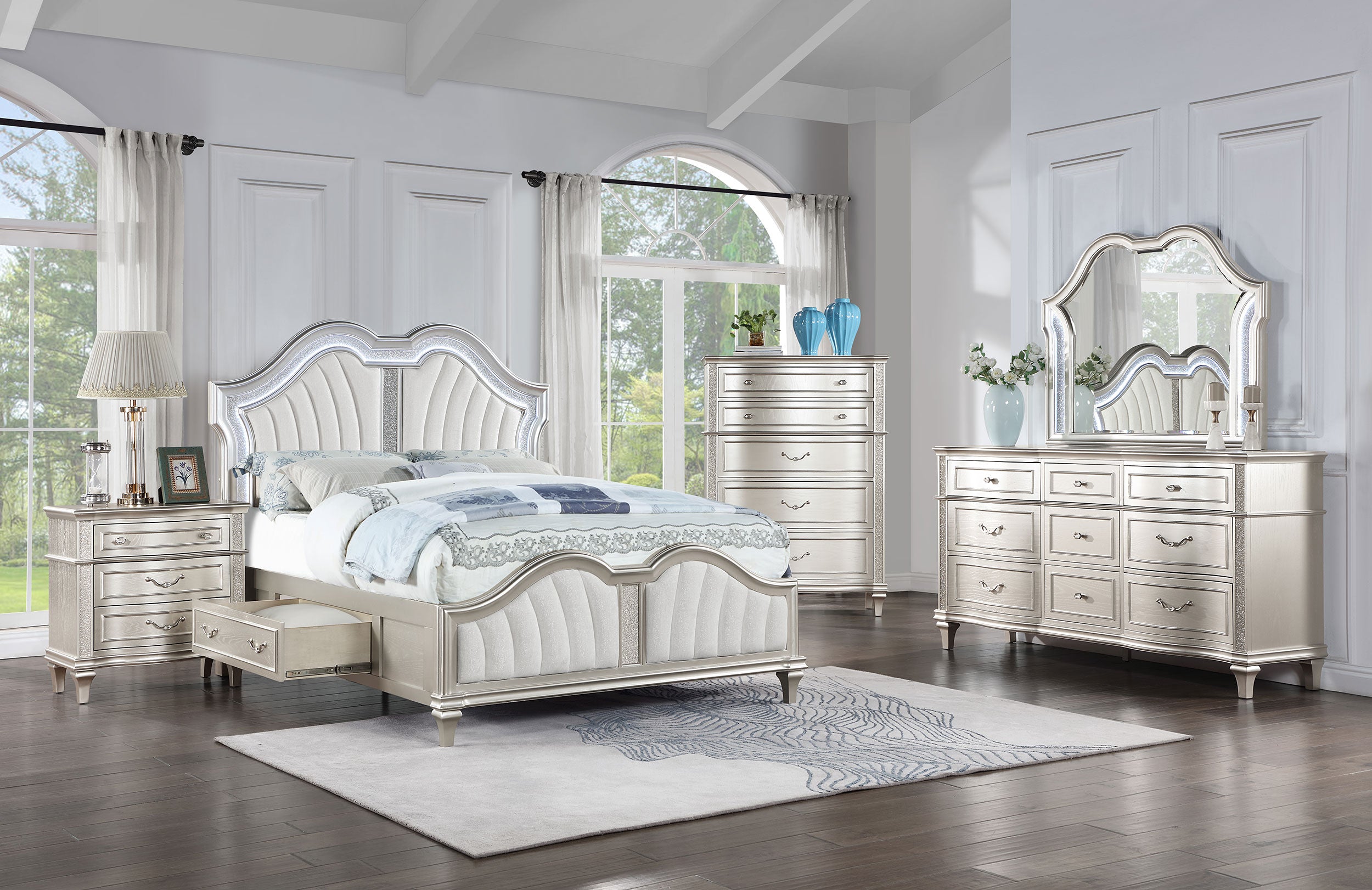 Evangeline Wood Queen LED Storage Panel Bed Silver Oak — view 11
