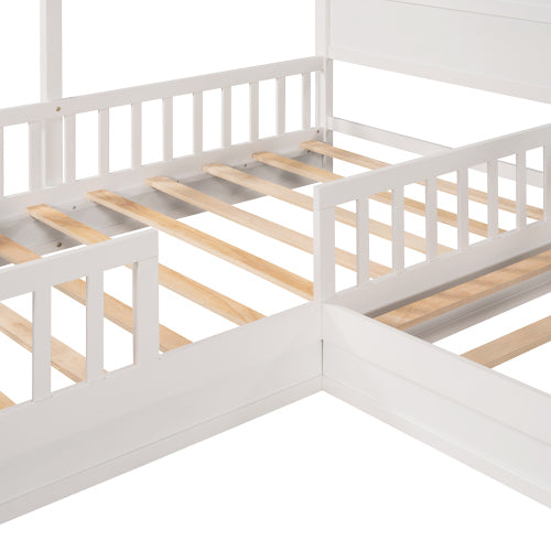 Wood House Bed Twin Size, 2 Twin Solid Bed L structure with fence and slatted frame, White