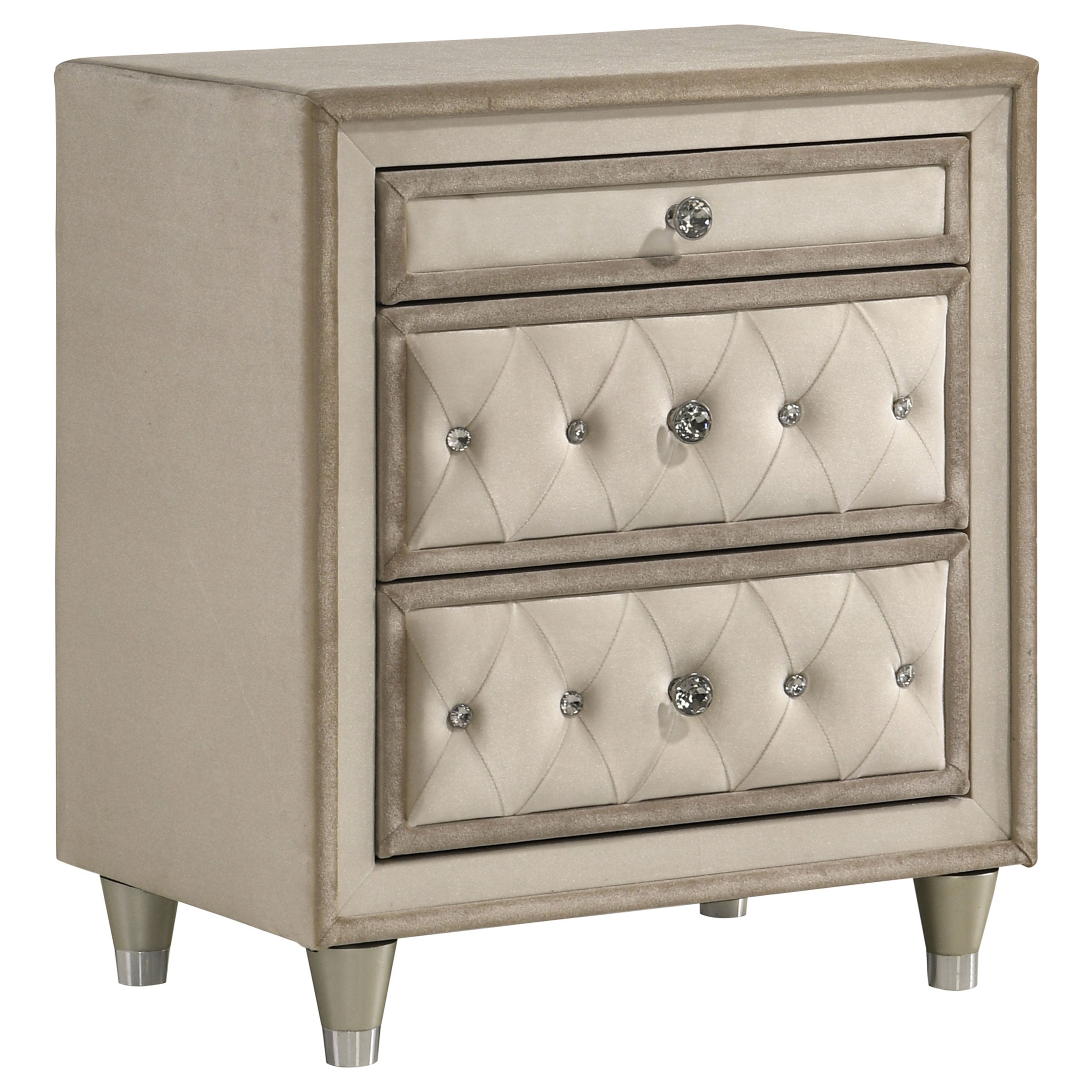 Antonella Upholstered 3-drawer Nightstand Ivory and Camel — view 1