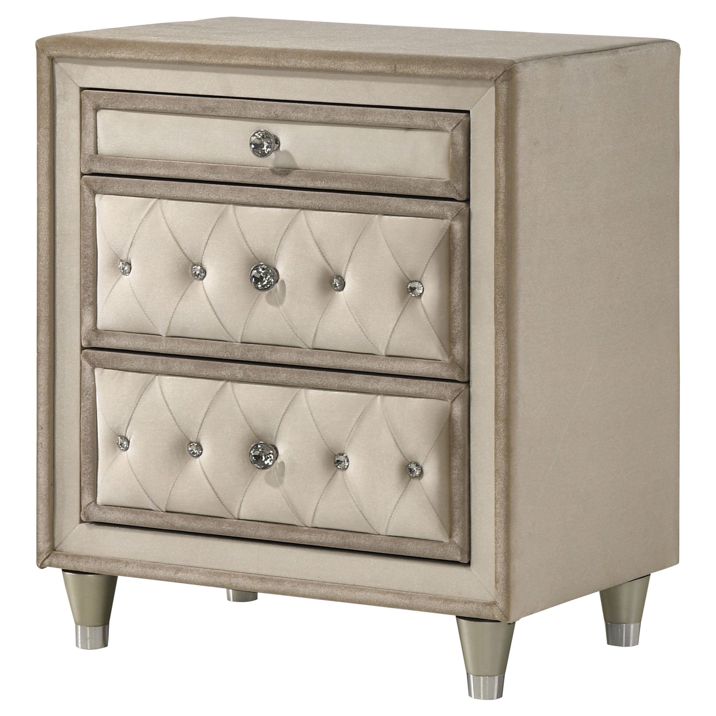 Antonella Upholstered 3-drawer Nightstand Ivory and Camel — view 4