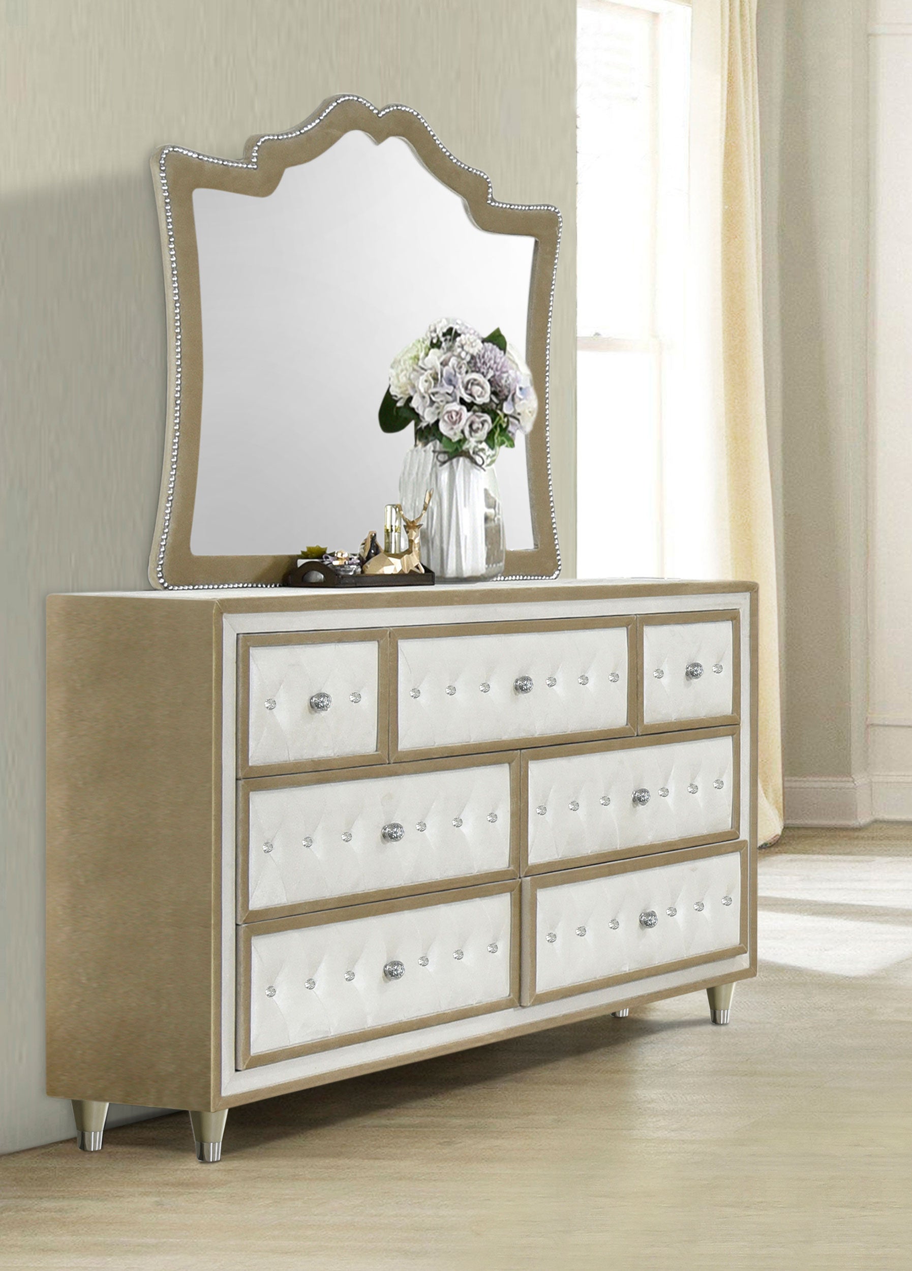 Antonella 7-drawer Upholstered Dresser with Mirror Ivory — view 2