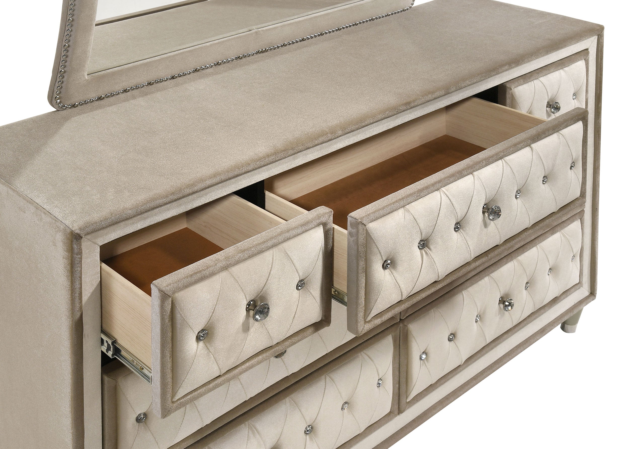 Antonella 7-drawer Upholstered Dresser Ivory and Camel — view 10