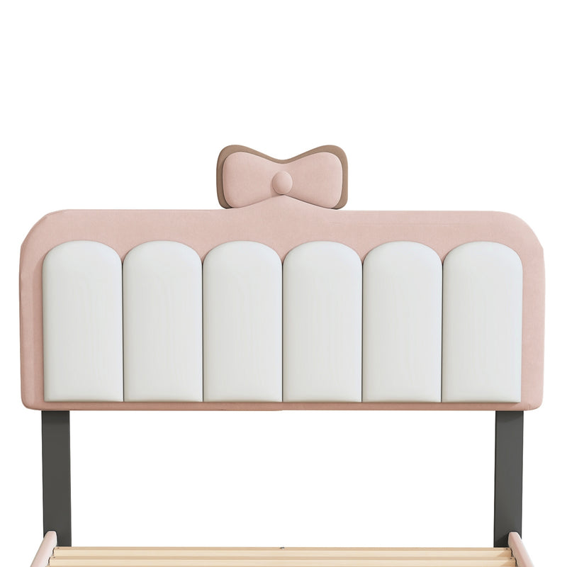 Twin size Velvet Princess Bed With Bow-Knot Headboard,Twin Size Platform Bed with Headboard and Footboard,White+Pink