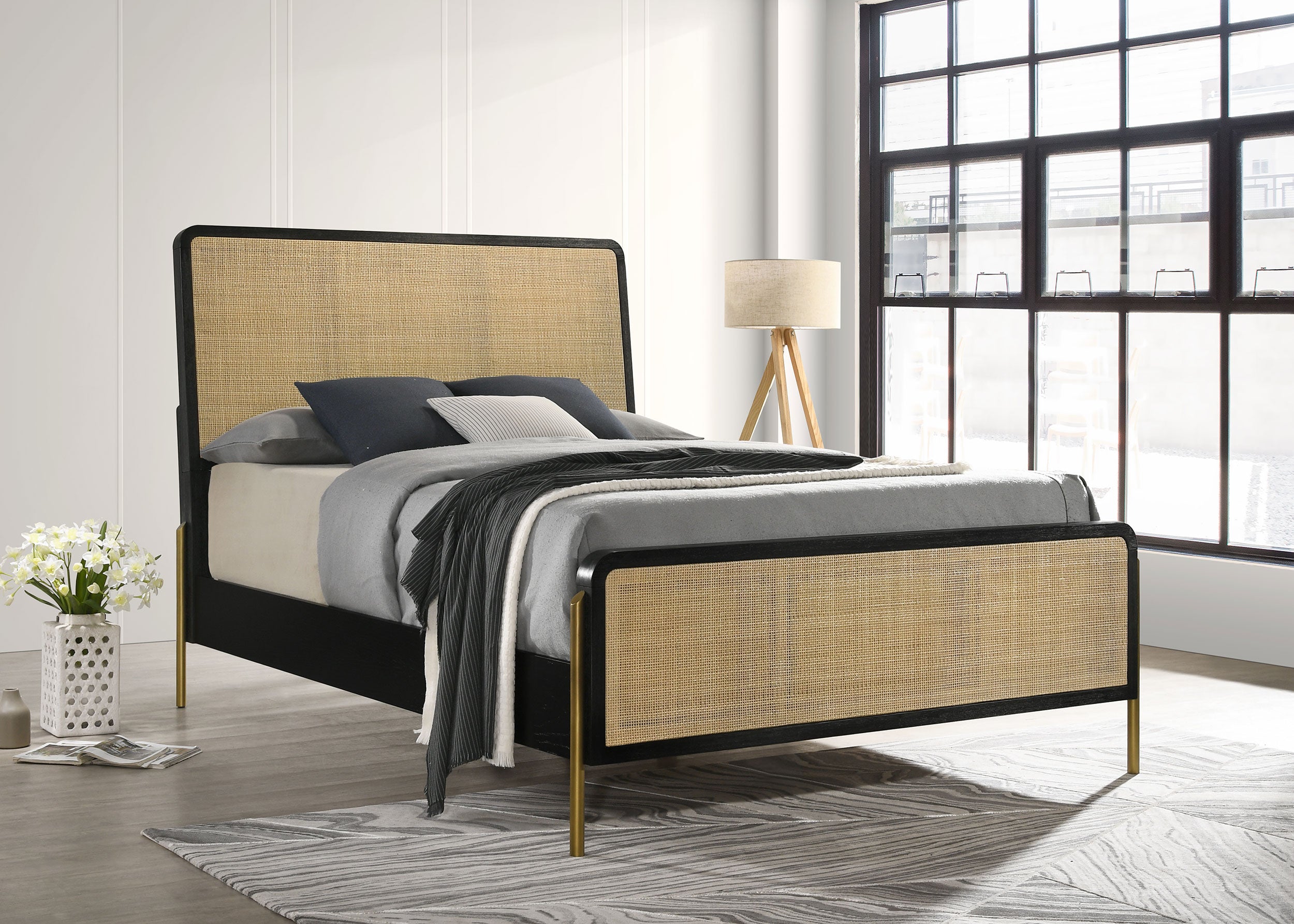 Arini Rattan California King Panel Bed Black and Natural — view 2