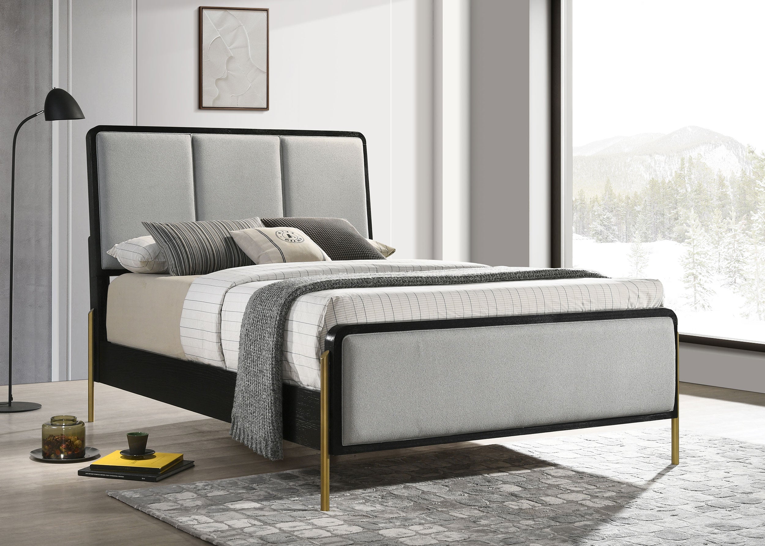 Arini Upholstered Eastern King Panel Bed Black and Grey — view 2