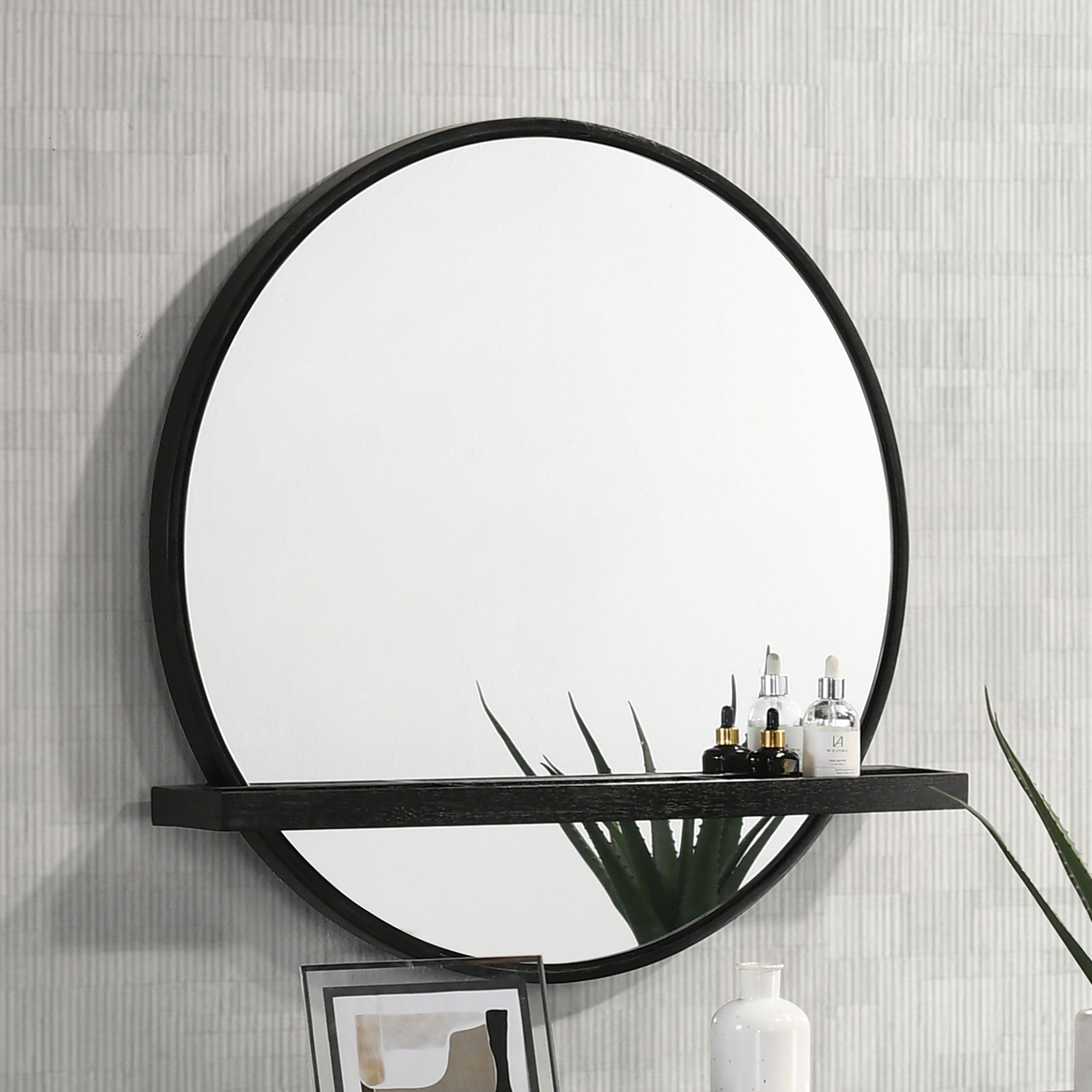 Arini Round Vanity Wall Mirror with Shelf Black — view 2