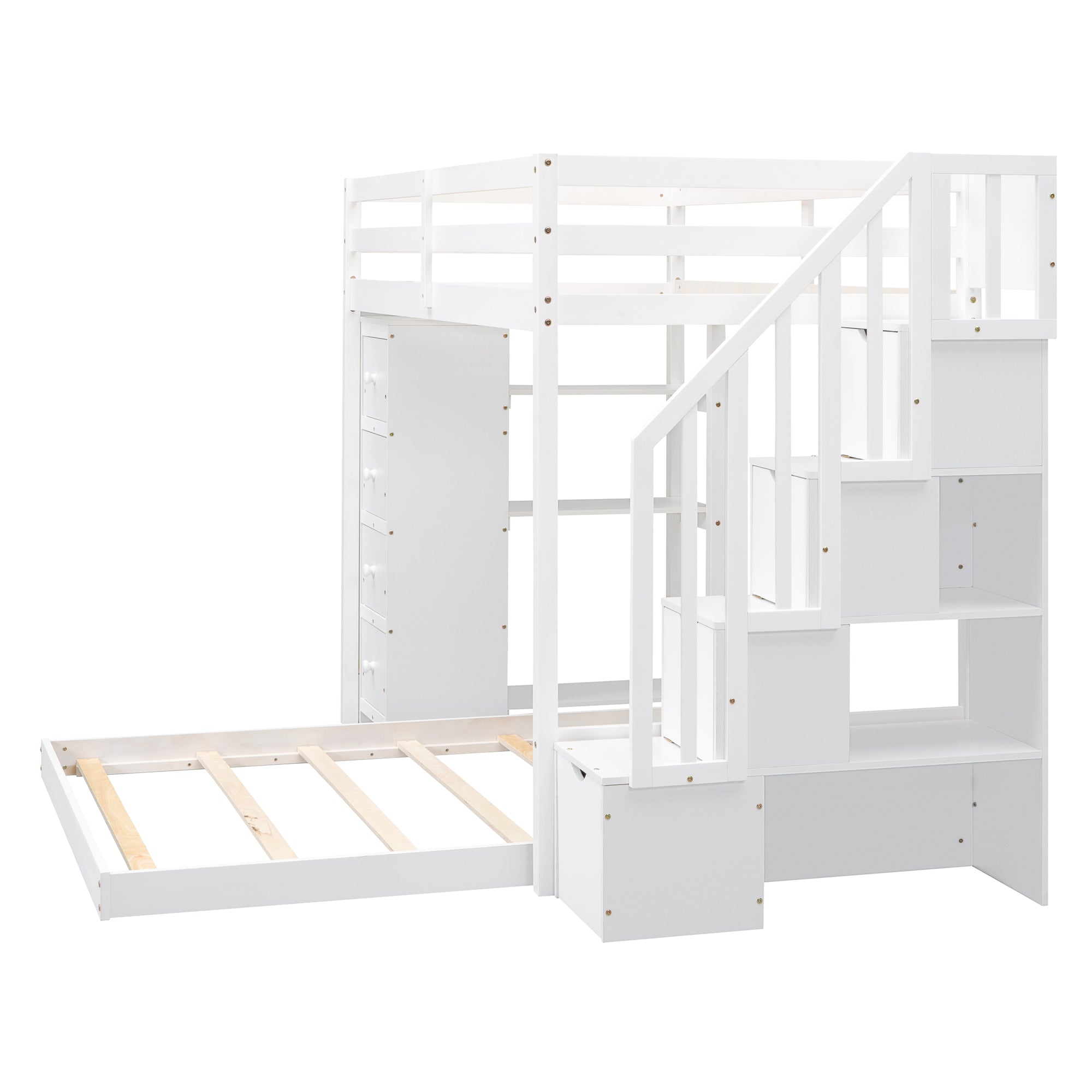 Twin Over Full Bunk Bed with 3-layer Shelves, Drawers and Storage Stairs, White - Atlantic Fine Furniture Melbourne FL