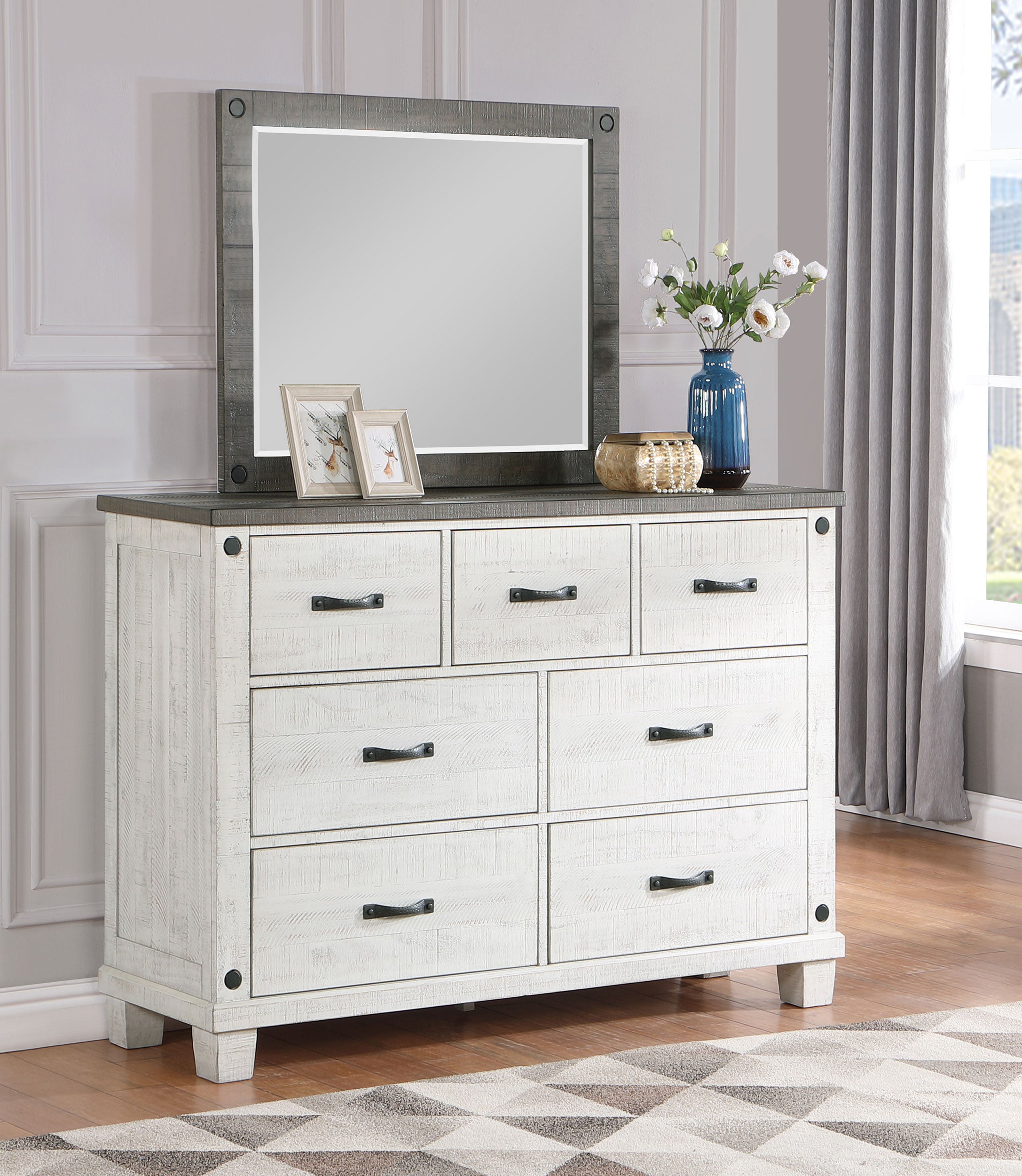 Lilith 7-drawer Dresser with Mirror Distressed White — view 2