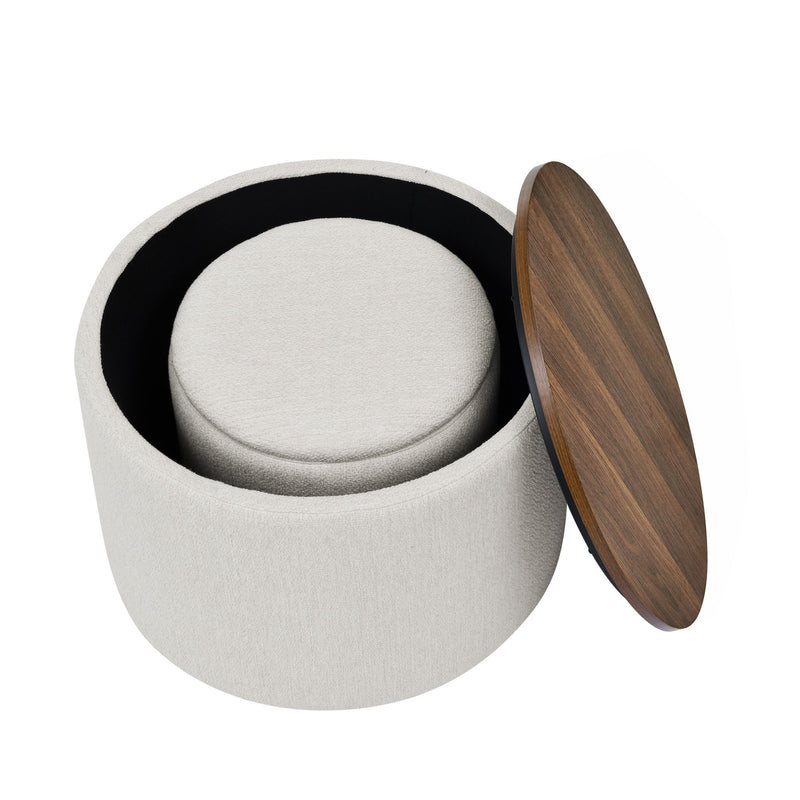 Classic 2 Piece Round Storage Ottoman Set With Drum Shaped Stool