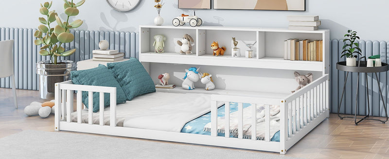 Floor Bed With Side Bookcase, Shelves, Guardrails