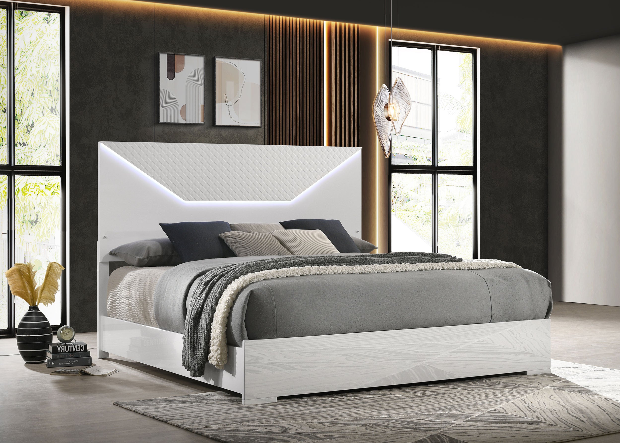 Ives Queen Panel Bed LED Headboard White High Gloss — view 2