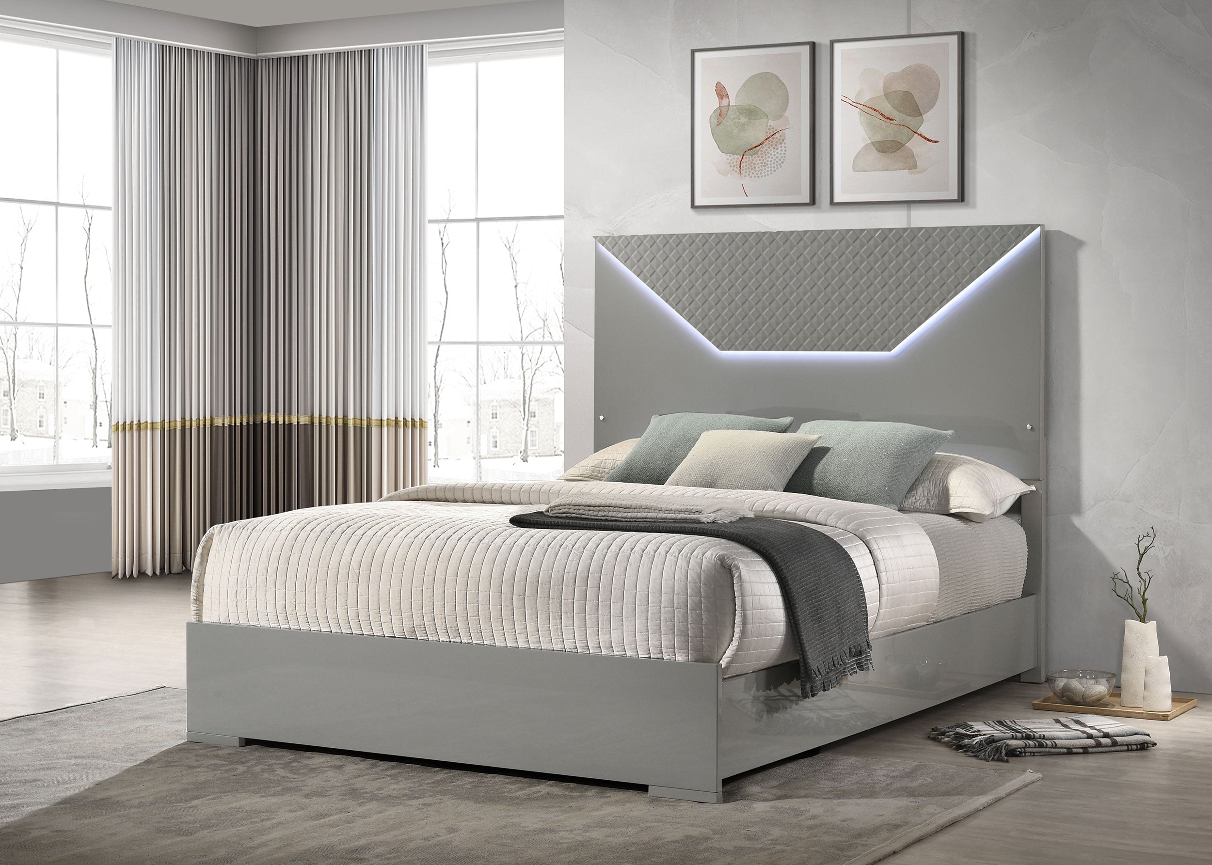 Ives Queen Panel Bed LED Headboard Grey High Gloss — view 2