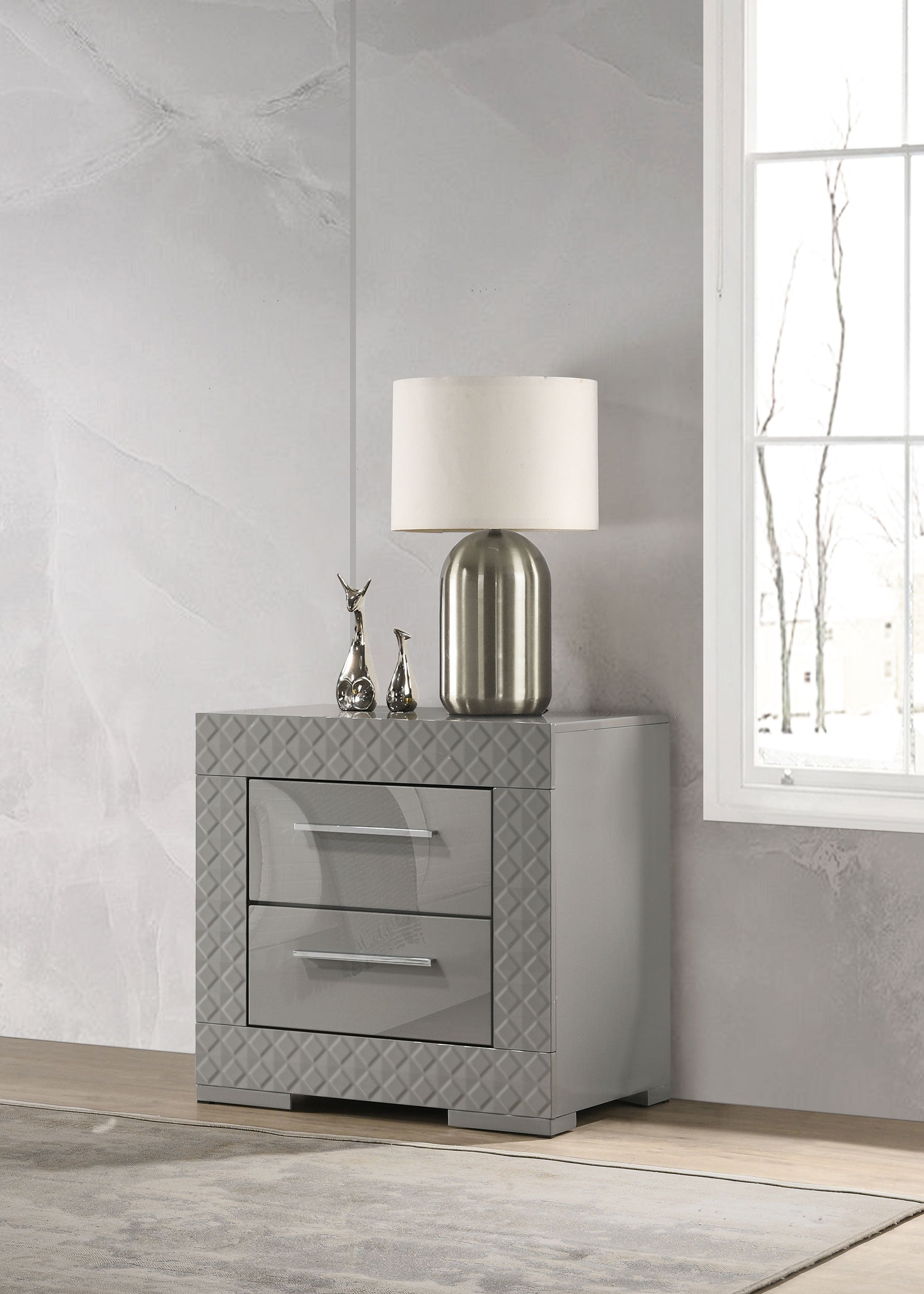Ives 2-drawer Nightstand Bedside Table Grey High Gloss — view 2