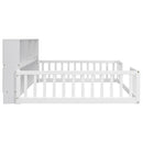 Full Floor Bed with Side Bookcase,Shelves,Guardrails,White