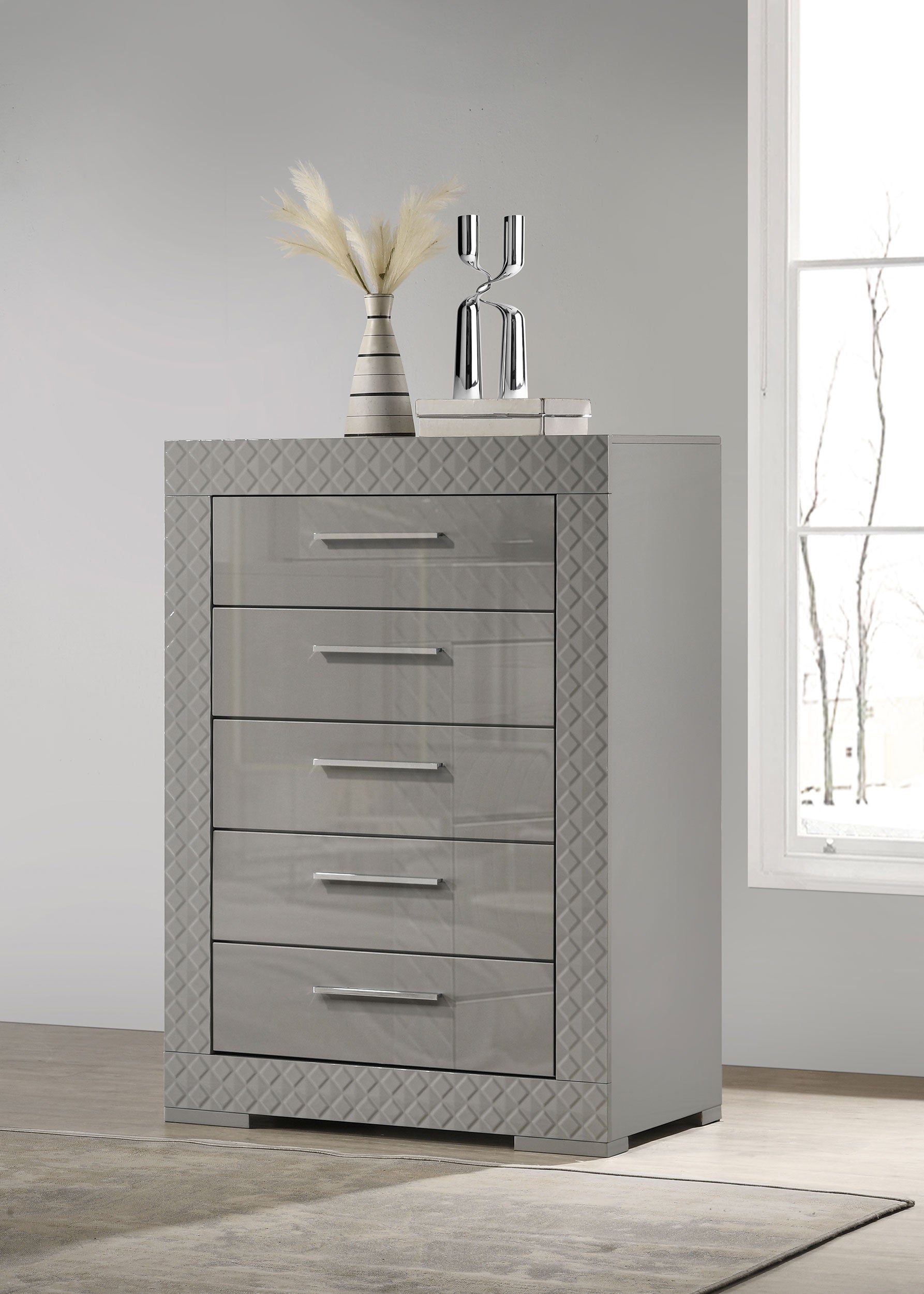 Ives 5-drawer Bedroom Chest of Drawers Grey High Gloss — view 2