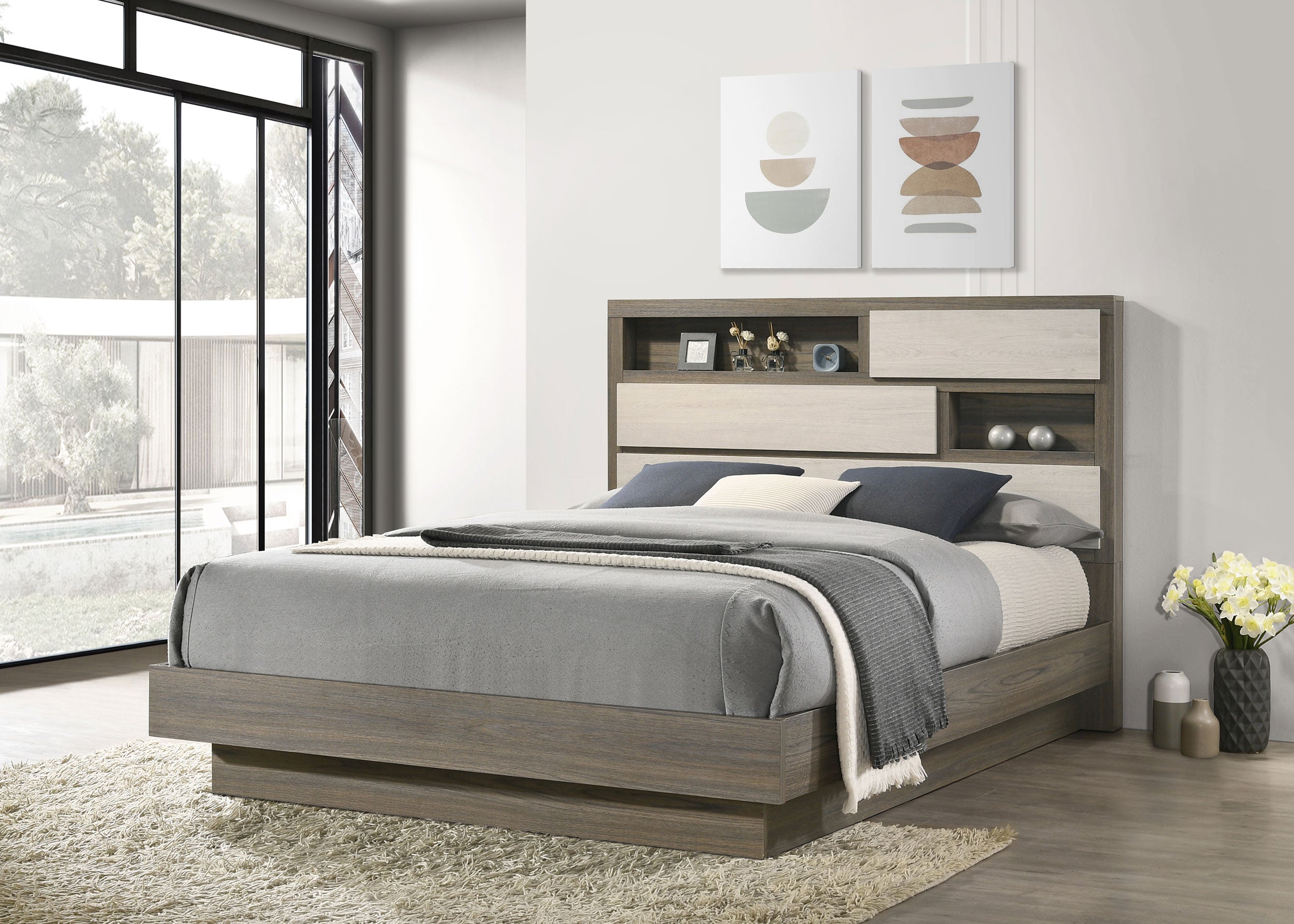 Fenwick Queen Bed Bookcase Headboard Grey Oak — view 2