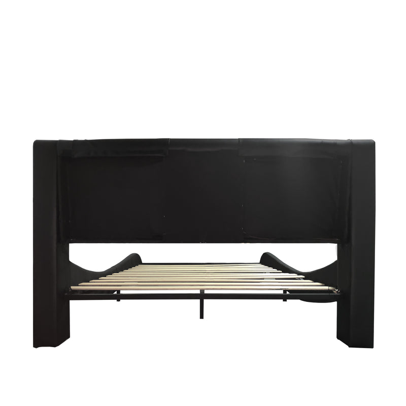 Faux Leather Upholstered Platform Bed Frame with led lighting, Bluetooth connection to play music control, Backrest vibration massage, Curve Design, Wood Slat Support, Exhibited Speakers,Queen