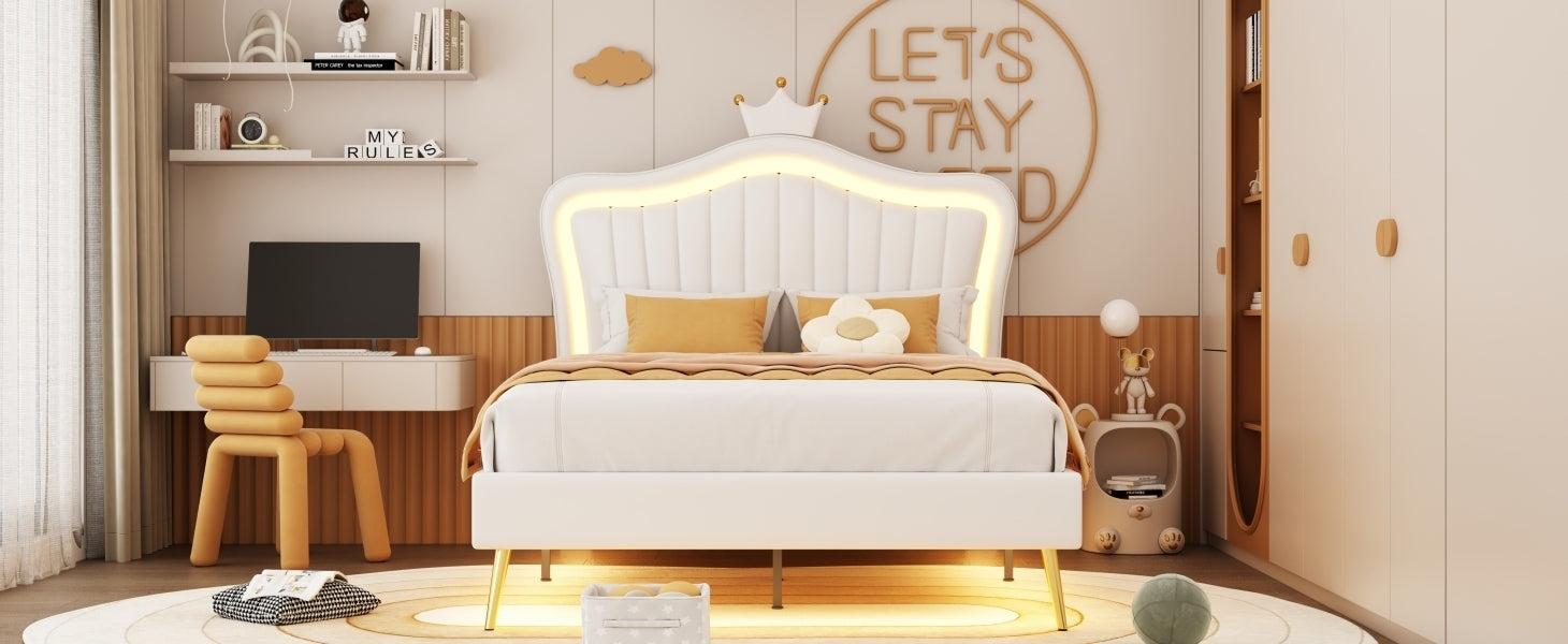 Full Size Upholstered Bed Frame with LED Lights,Modern Upholstered Princess Bed With Crown Headboard,White - Atlantic Fine Furniture Melbourne FL