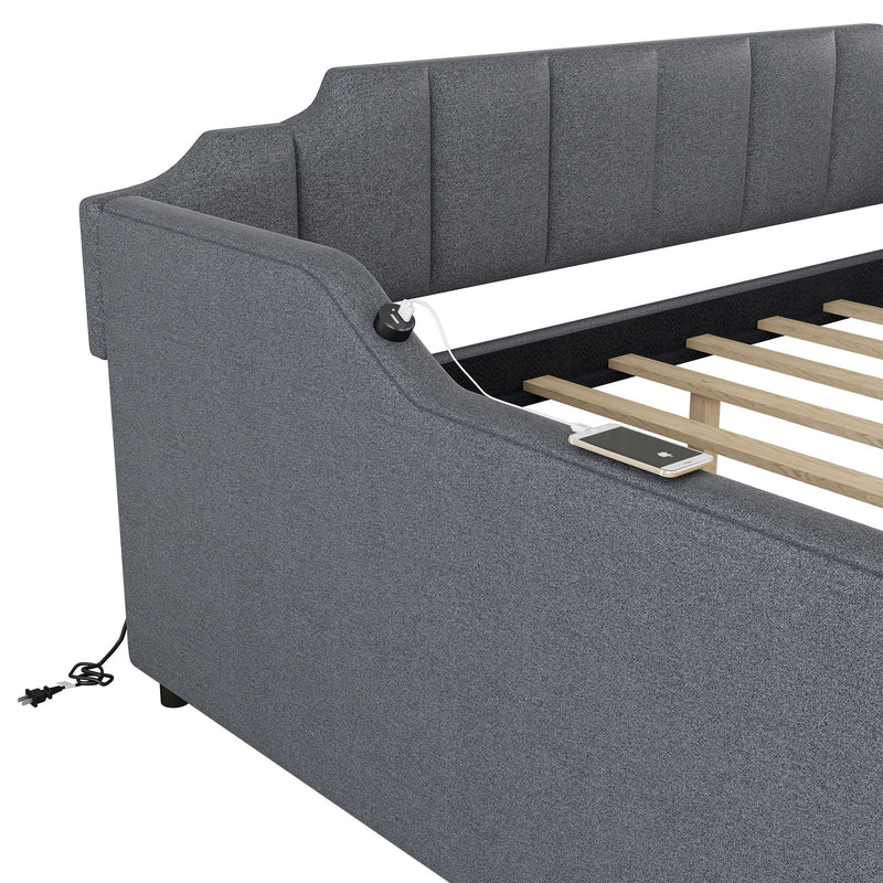 Full Size Upholstered Daybed With Trundle And USB Charging - Gray