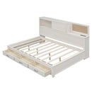 Full Size Wooden Daybed with 3 Storage Drawers, Upper Soft Board, shelf, and a set of Sockets and USB Ports, White