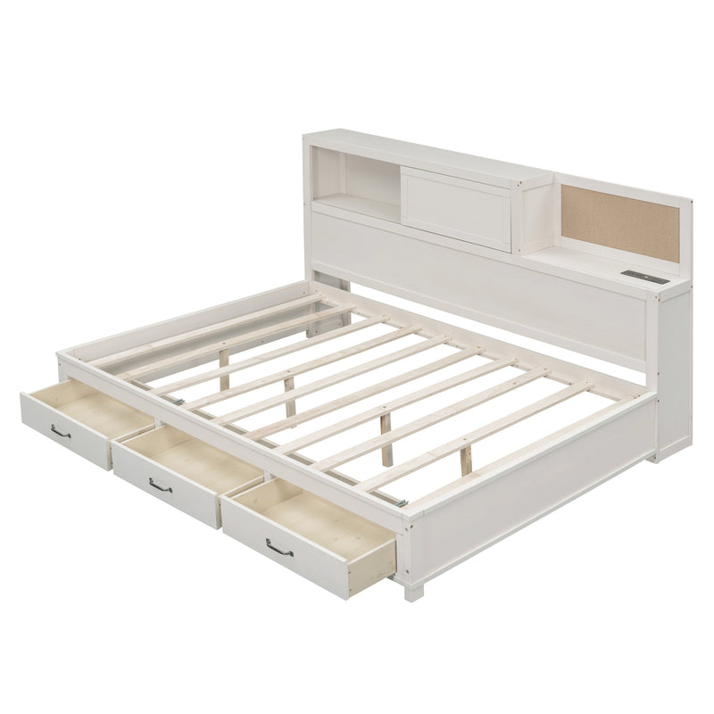 Full Size Wooden Daybed with 3 Storage Drawers, Upper Soft Board, shelf, and a set of Sockets and USB Ports, White
