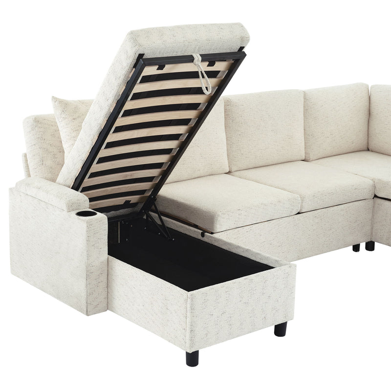 U-Shaped Sectional Sleeper Sofa With Ample Storage Space, 2 Cup Holders And Charging Ports For Living Room